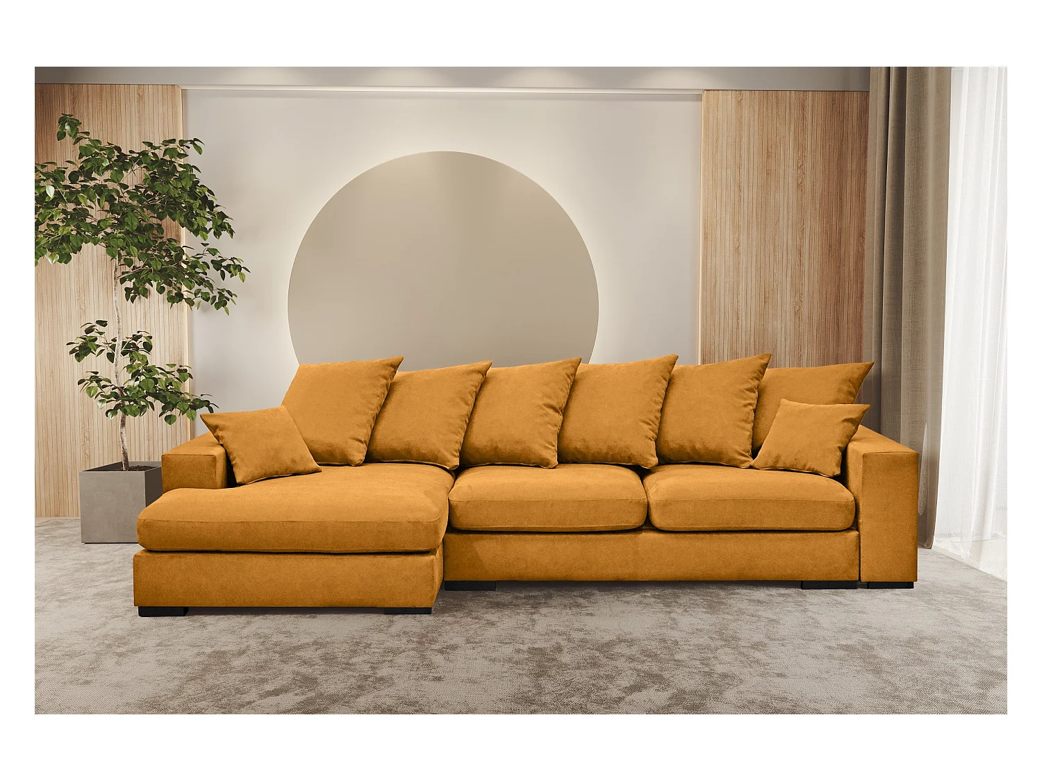 Canapé d'angle avec fonction couchage et coffre de lit, Canapé forme L, Canapé forme L tissu Gabon Riviera Gauche Orange