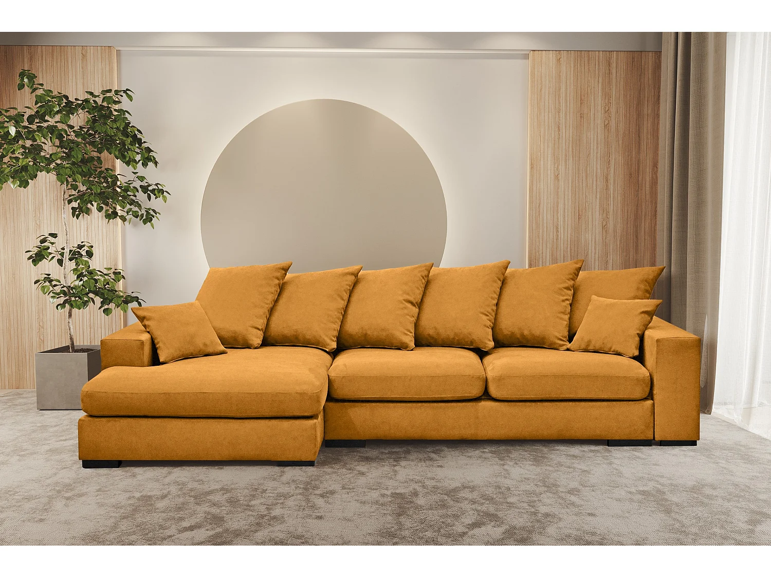 Canapé d'angle avec fonction couchage et coffre de lit, Canapé forme L, Canapé forme L tissu Gabon Riviera Gauche Orange