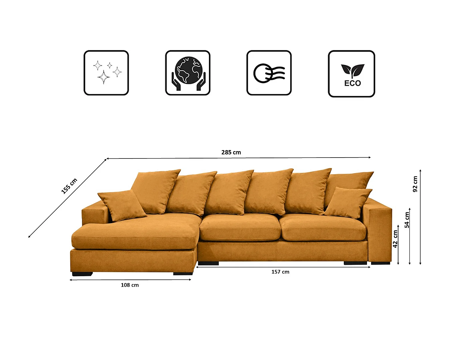 Canapé d'angle avec fonction couchage et coffre de lit, Canapé forme L, Canapé forme L tissu Gabon Riviera Gauche Orange