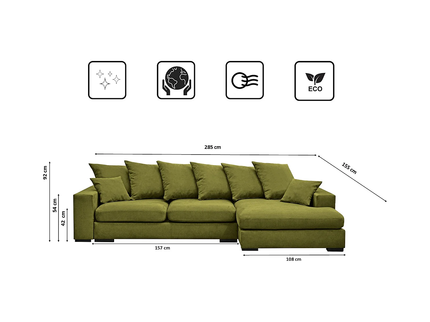 Canapé d'angle avec fonction couchage et coffre de lit, canapé en L, canapé en L tissu Gabon Riviera Droite Vert Clair