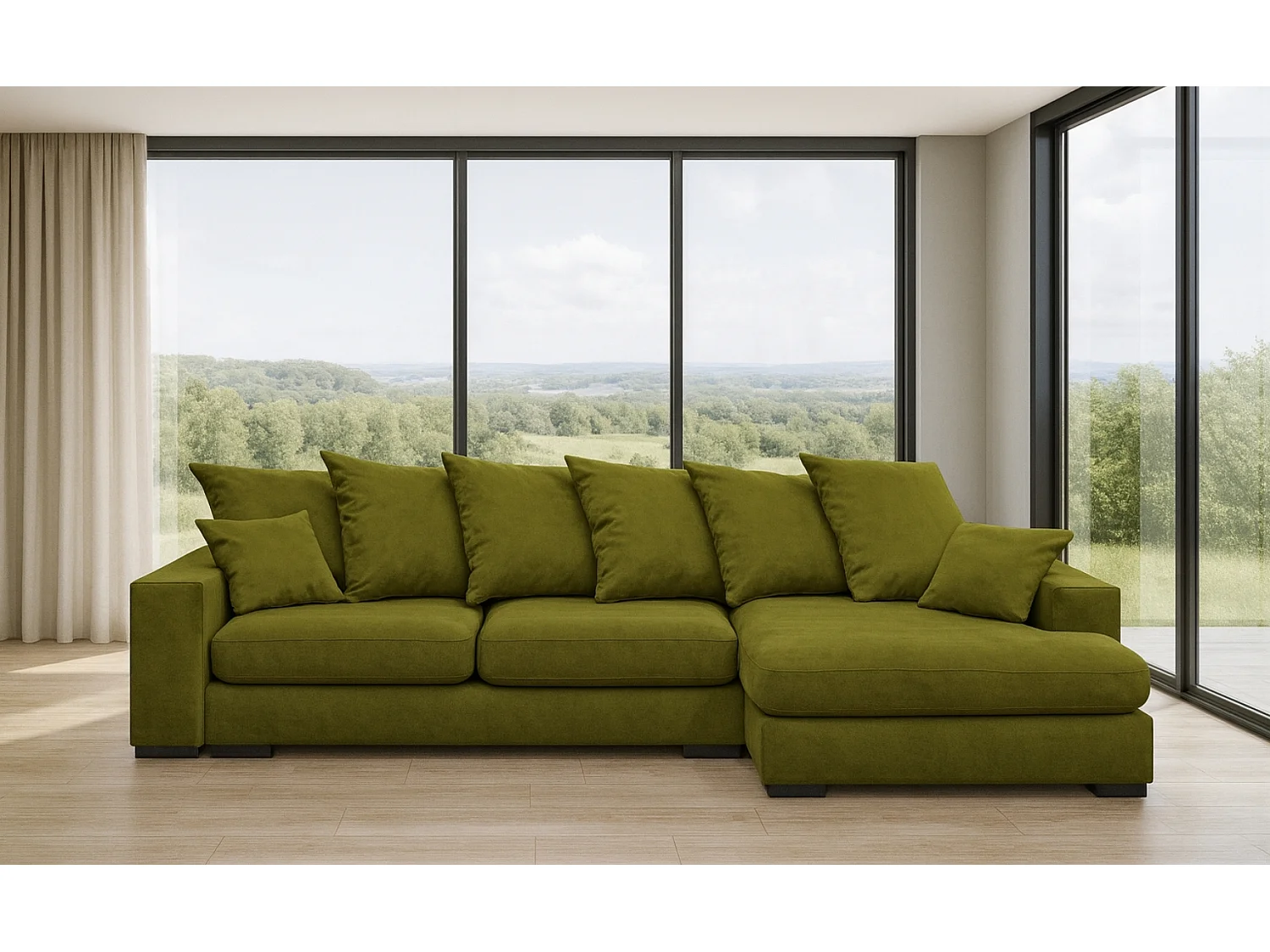 Canapé d'angle avec fonction couchage et coffre de lit, canapé en L, canapé en L tissu Gabon Riviera Droite Vert Clair