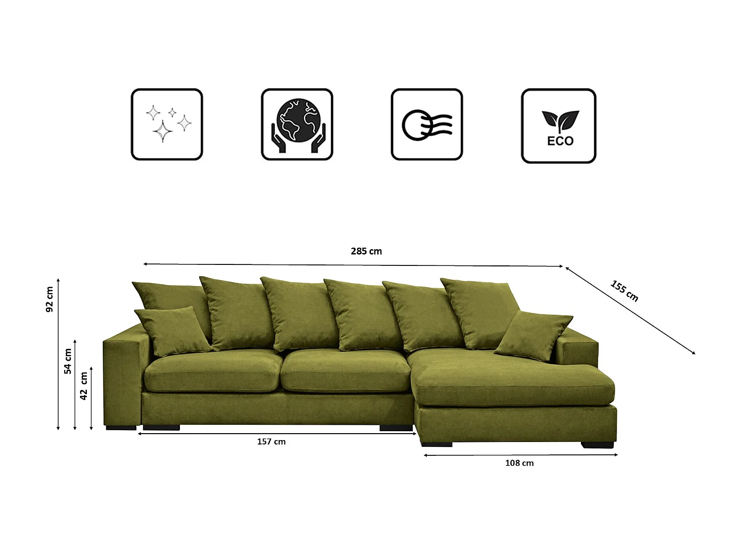 Canapé d'angle avec fonction couchage et coffre de lit, canapé en L, canapé en L tissu Gabon Riviera Droite Vert Clair