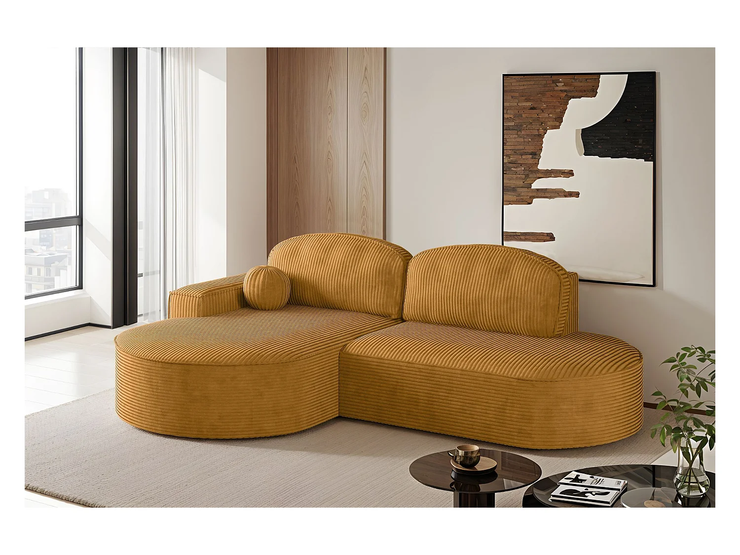 Canapé d'angle avec fonction couchage et coffre de lit Modena Round tissu Poso couleur moutarde Gauche