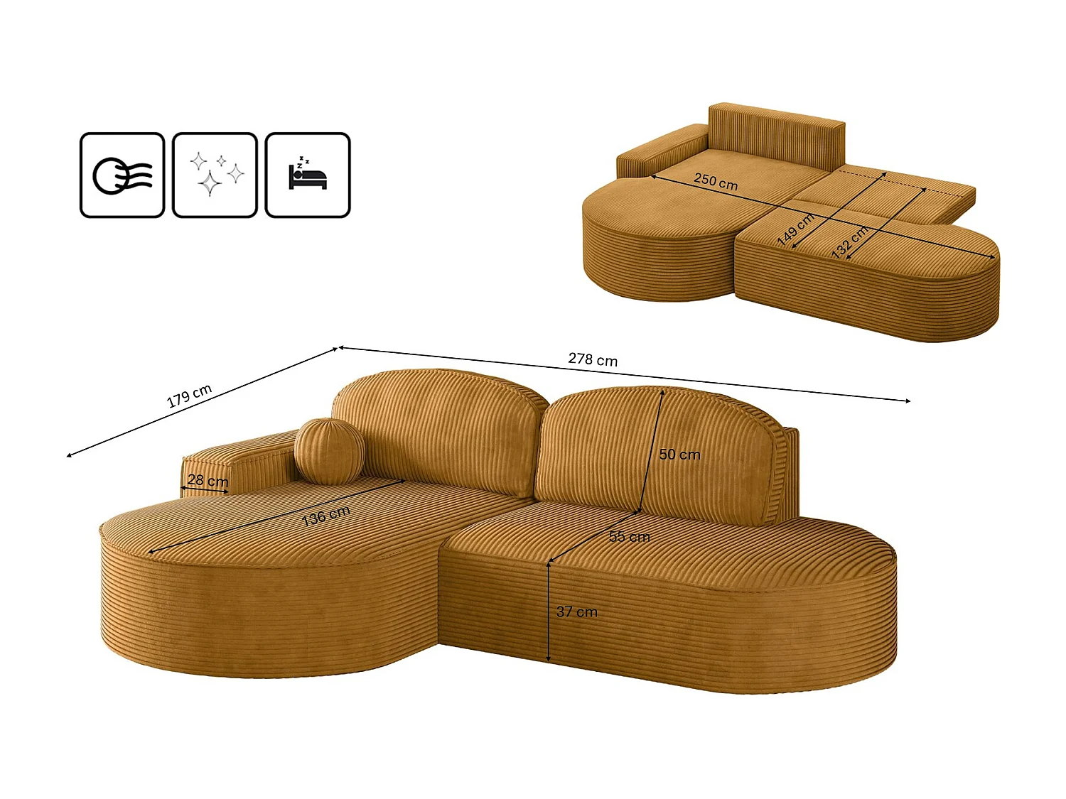 Canapé d'angle avec fonction couchage et coffre de lit Modena Round tissu Poso couleur moutarde Gauche