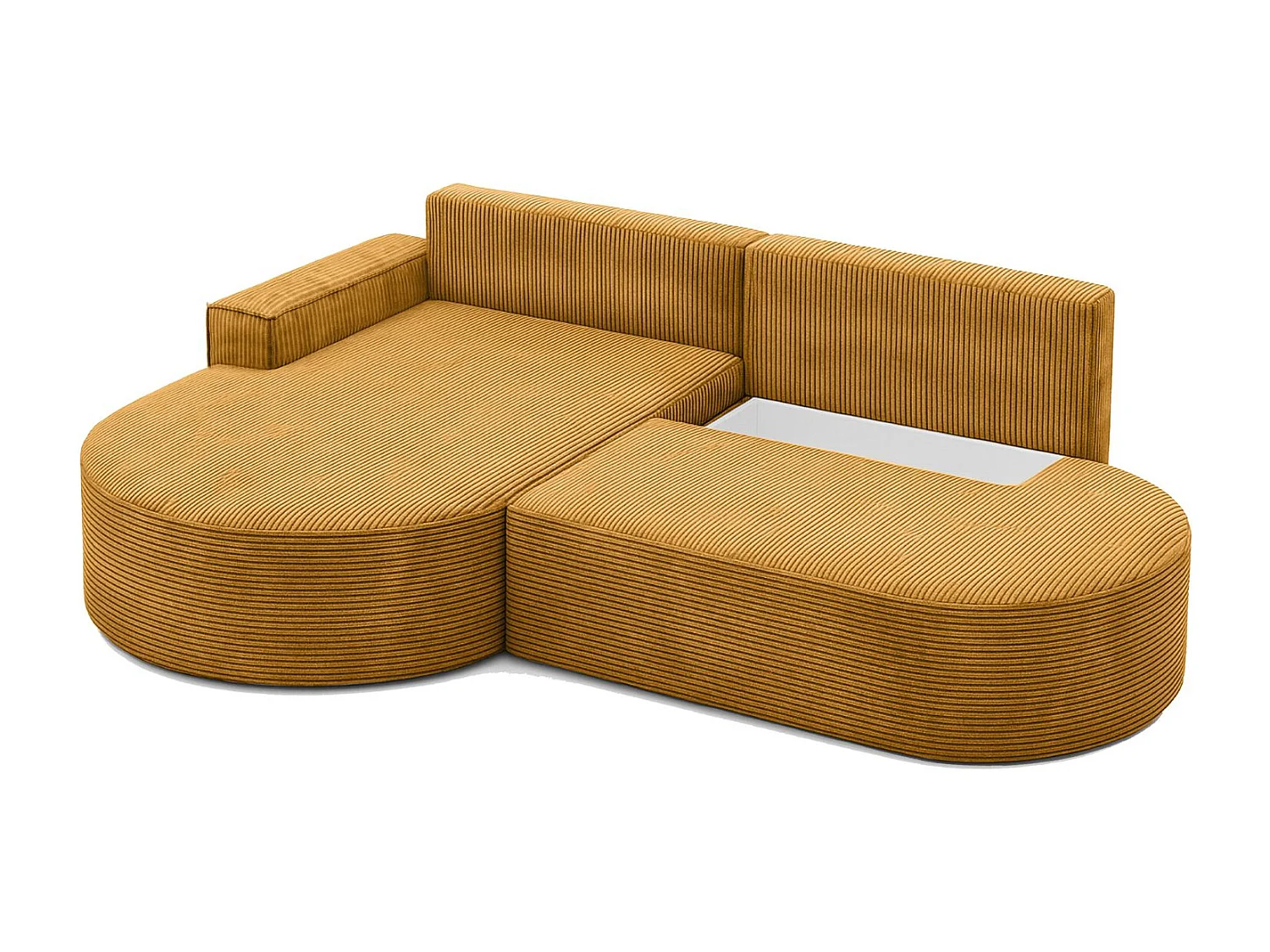 Canapé d'angle avec fonction couchage et coffre de lit Modena Round tissu Poso couleur moutarde Gauche