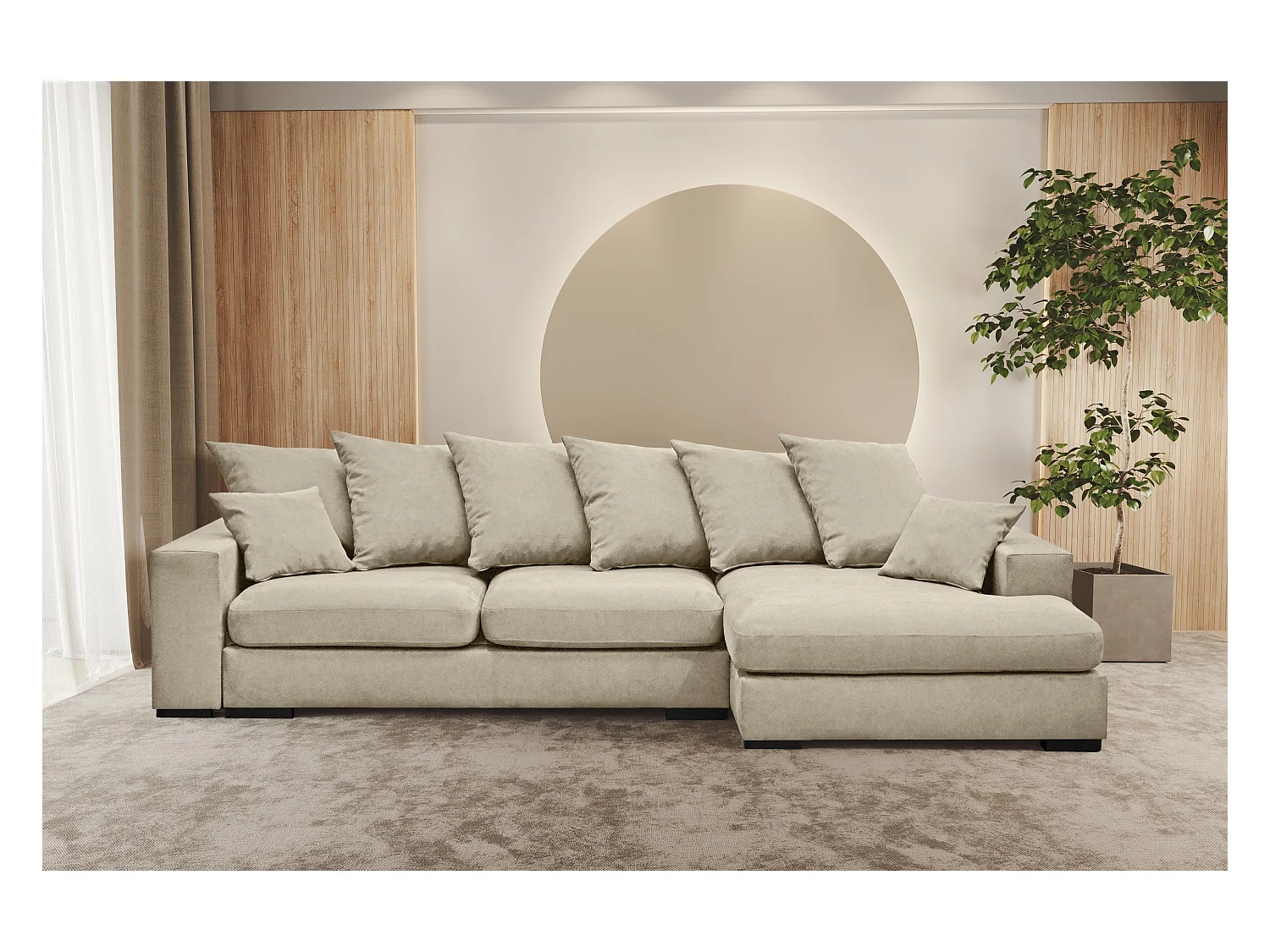 Canapé d'angle avec fonction couchage et coffre de lit, Canapé forme L, Canapé forme L tissu Gabon Riviera Droite Beige Clair