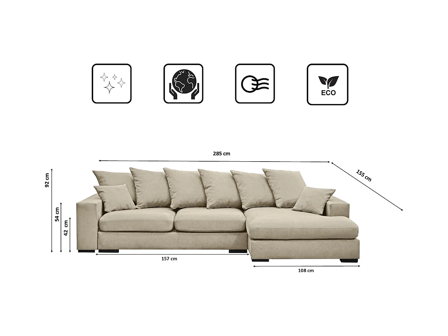 Canapé d'angle avec fonction couchage et coffre de lit, Canapé forme L, Canapé forme L tissu Gabon Riviera Droite Beige Clair