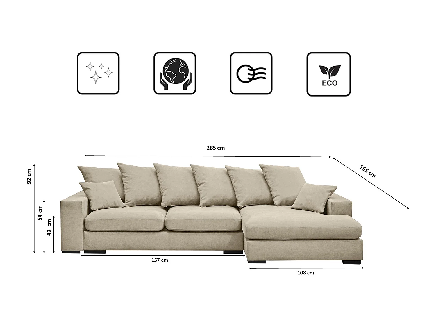 Canapé d'angle avec fonction couchage et coffre de lit, Canapé forme L, Canapé forme L tissu Gabon Riviera Droite Beige Clair