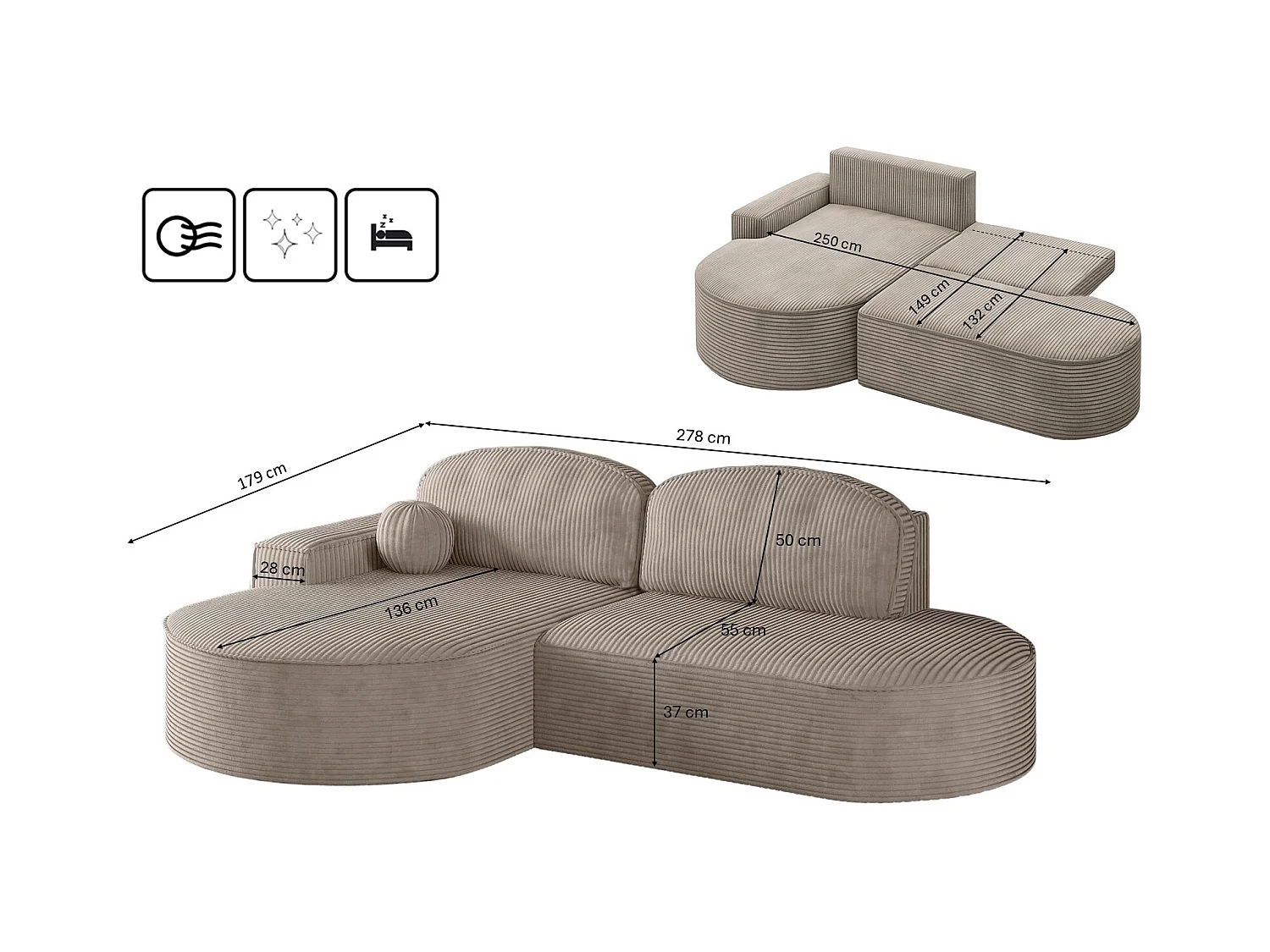 Canapé d'angle avec fonction couchage et coffre de lit Modena Round tissu Poso Dark Beige Gauche