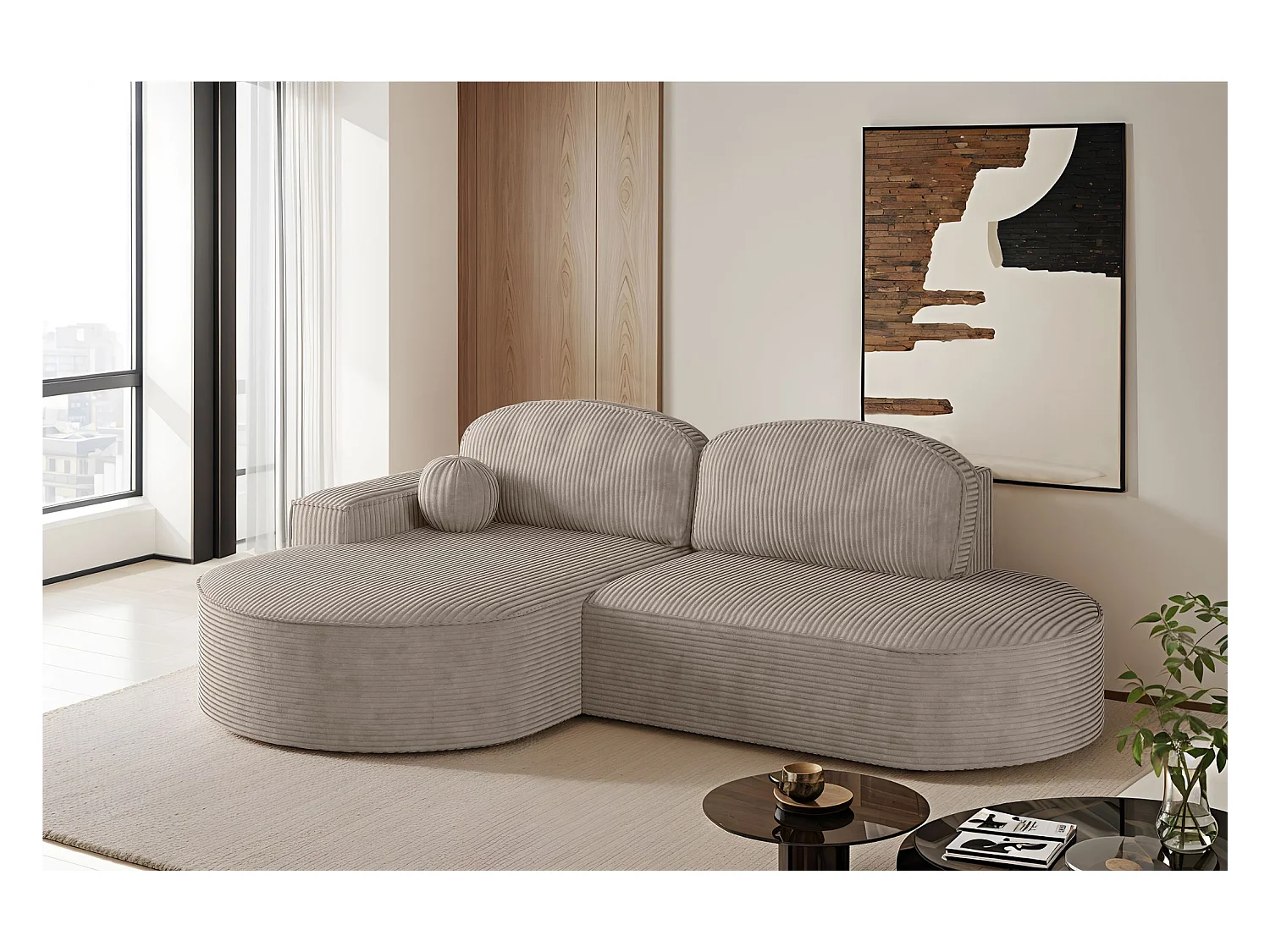 Ecksofa mit Schlaffunktion und Bettkasten Modena Runden stoff Poso Dunkelbeige Links