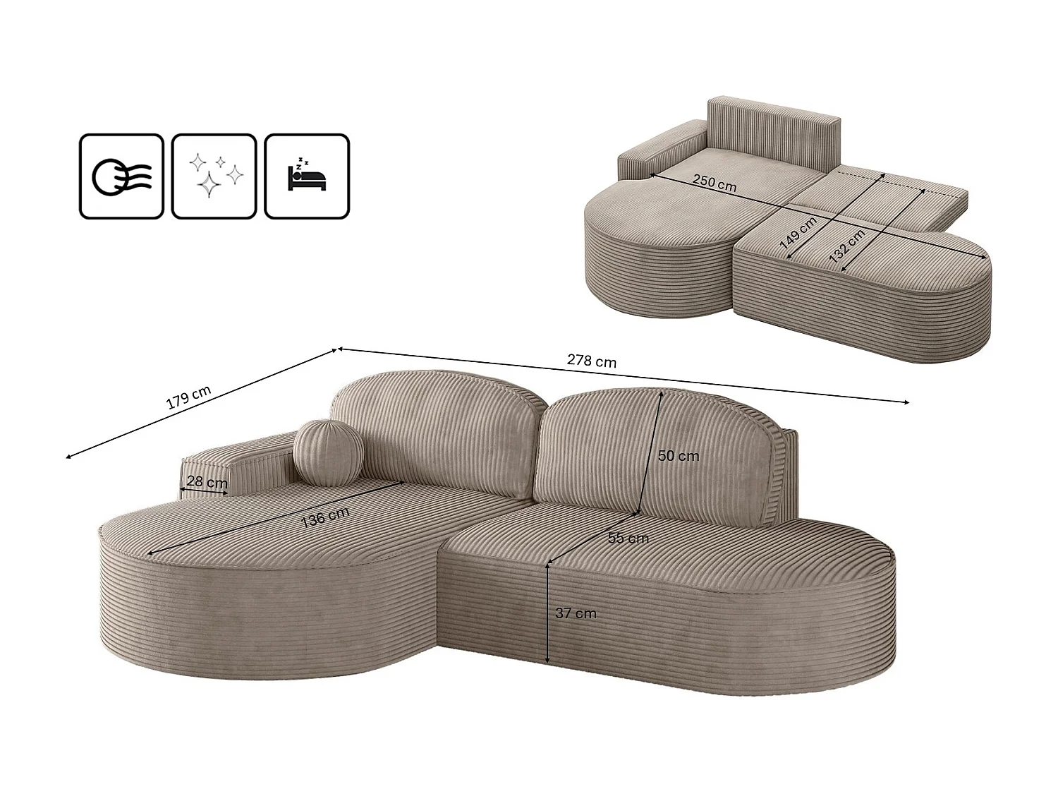 Canapé d'angle avec fonction couchage et coffre de lit Modena Round tissu Poso Dark Beige Gauche