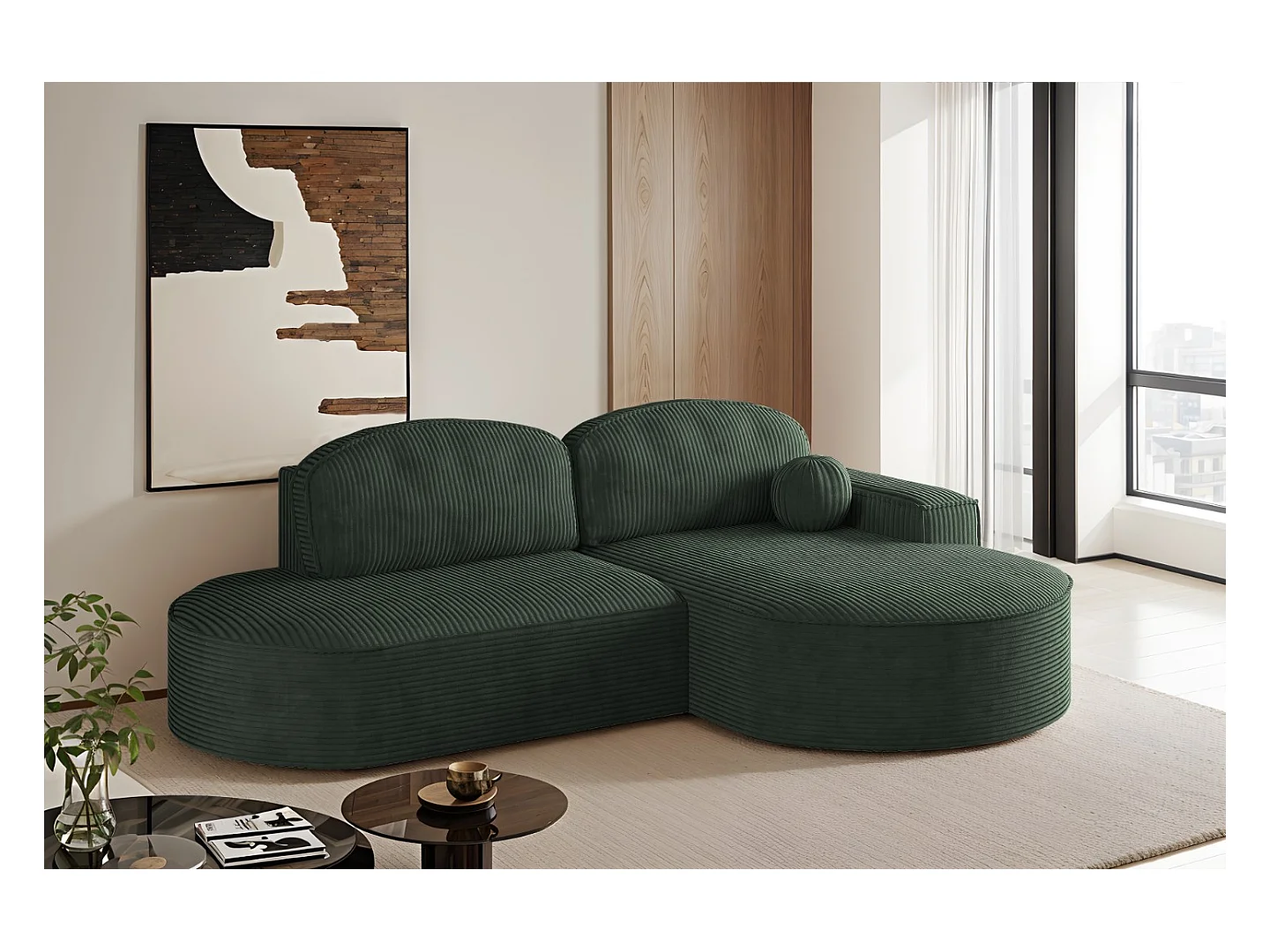 Canapé d'angle avec fonction couchage et coffre de lit Modena Round tissu Poso Green Right