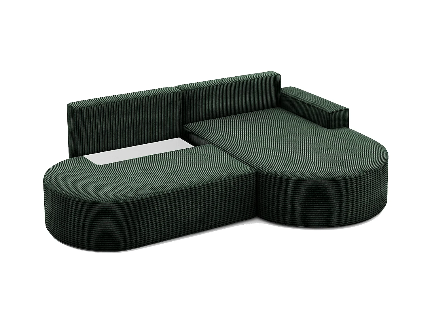 Canapé d'angle avec fonction couchage et coffre de lit Modena Round tissu Poso Green Right