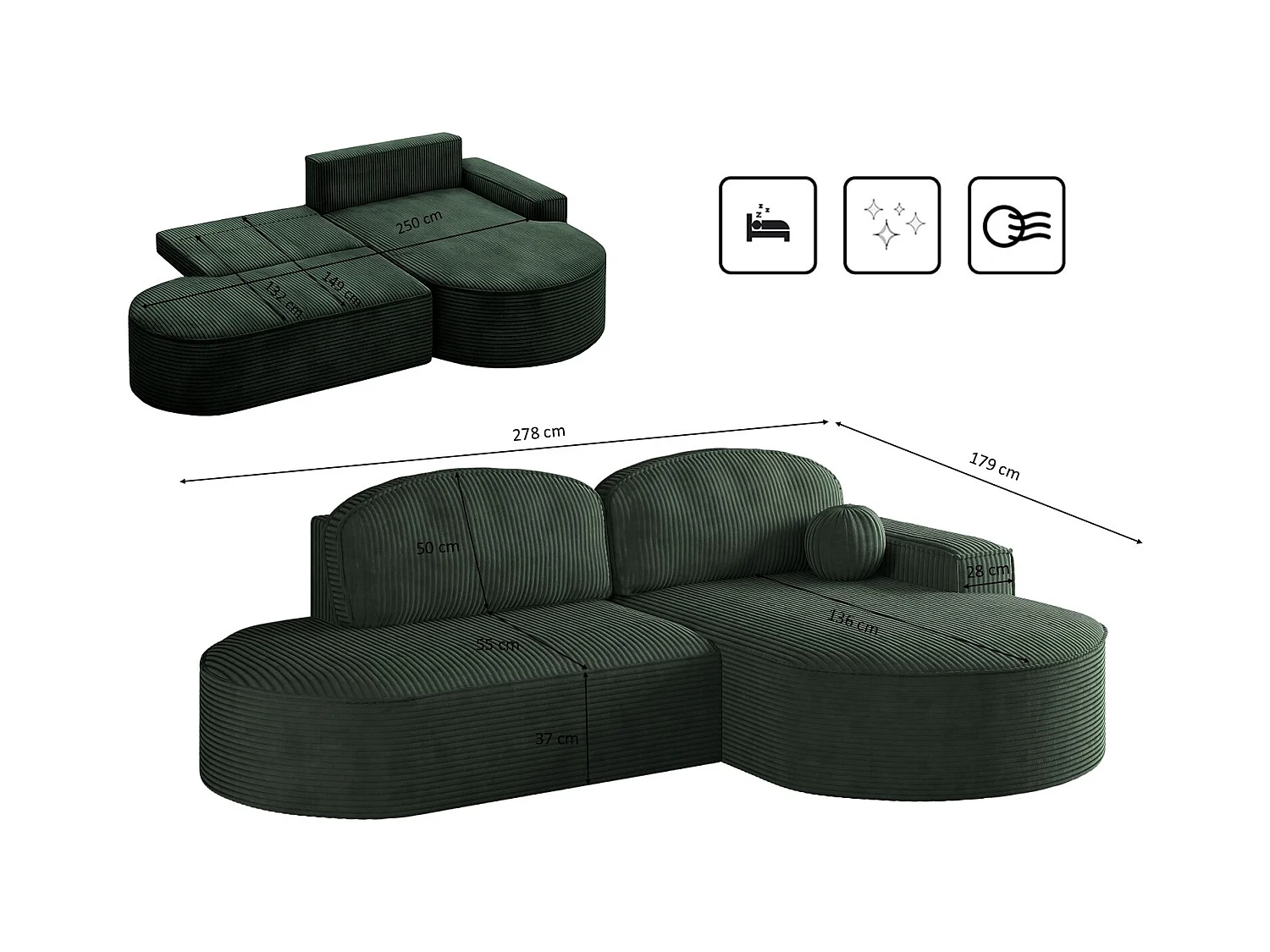 Canapé d'angle avec fonction couchage et coffre de lit Modena Round tissu Poso Green Right