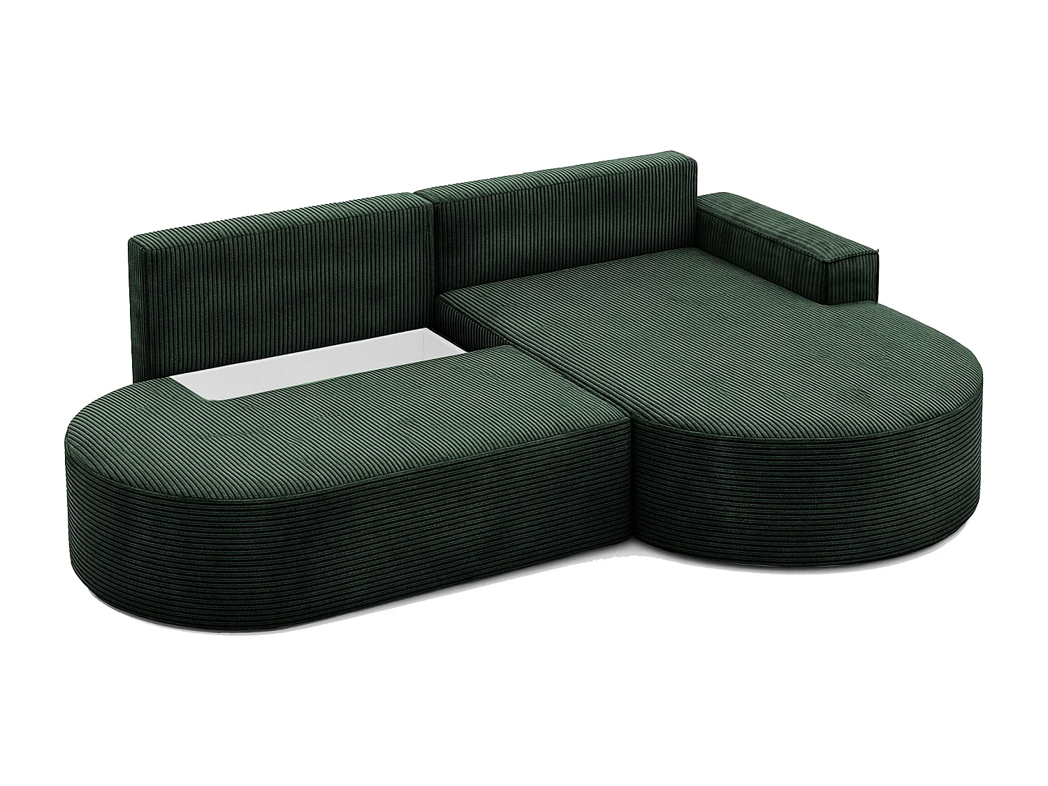Canapé d'angle avec fonction couchage et coffre de lit Modena Round tissu Poso Green Right