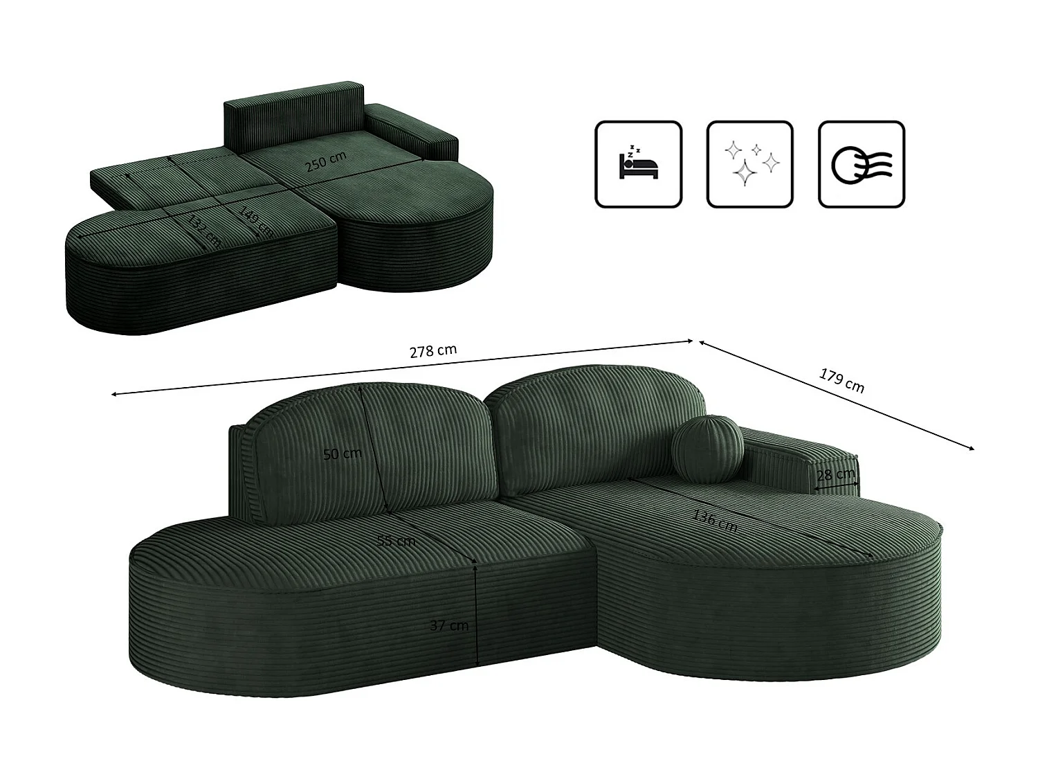 Canapé d'angle avec fonction couchage et coffre de lit Modena Round tissu Poso Green Right