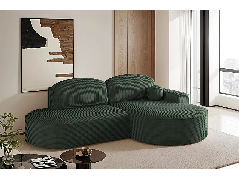 Canapé d'angle avec fonction couchage et coffre de lit Modena Round tissu Poso Green Right