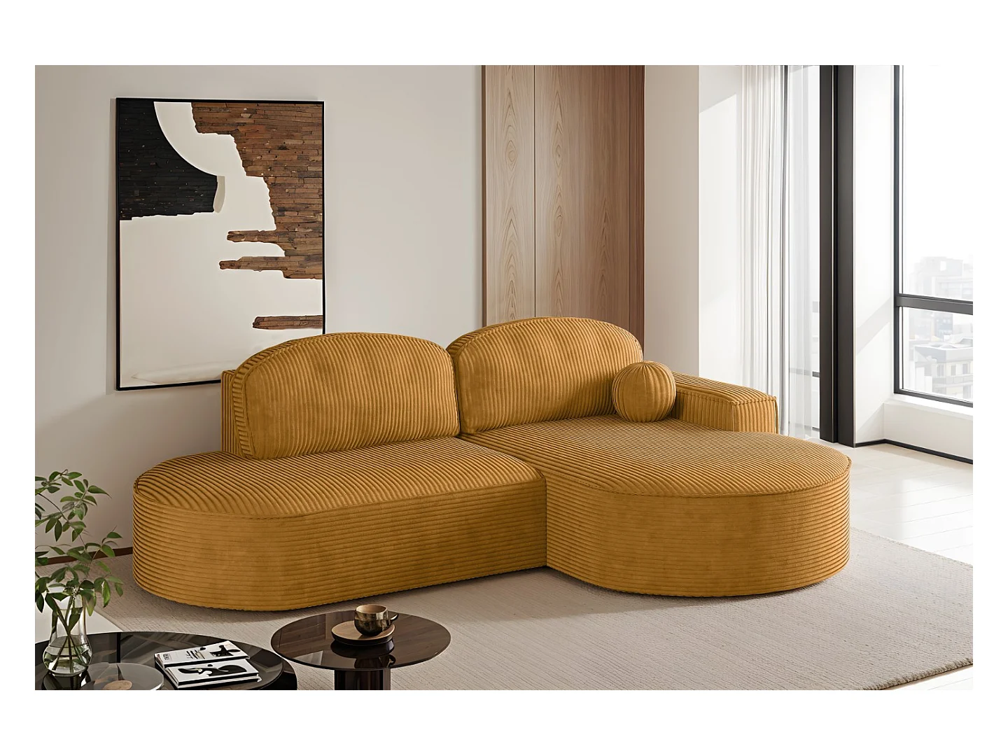 Canapé d'angle avec fonction couchage et coffre de lit Modena Round tissu Poso couleur moutarde Droite