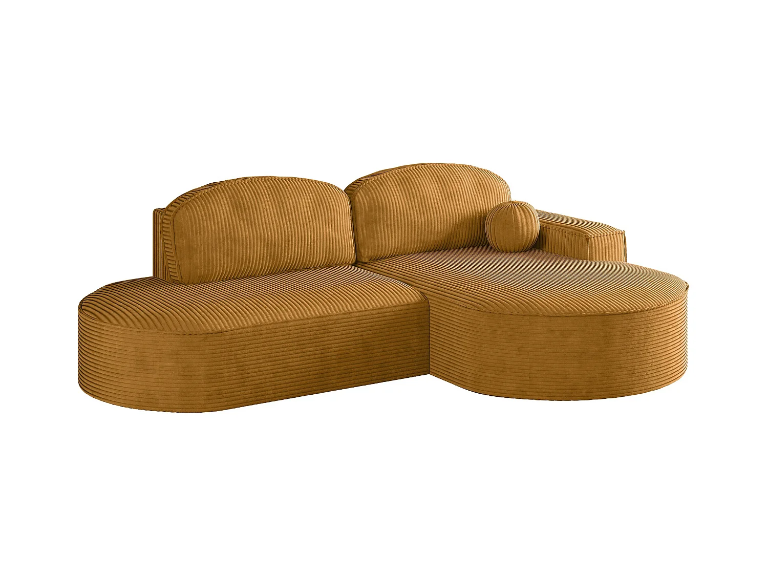 Canapé d'angle avec fonction couchage et coffre de lit Modena Round tissu Poso couleur moutarde Droite