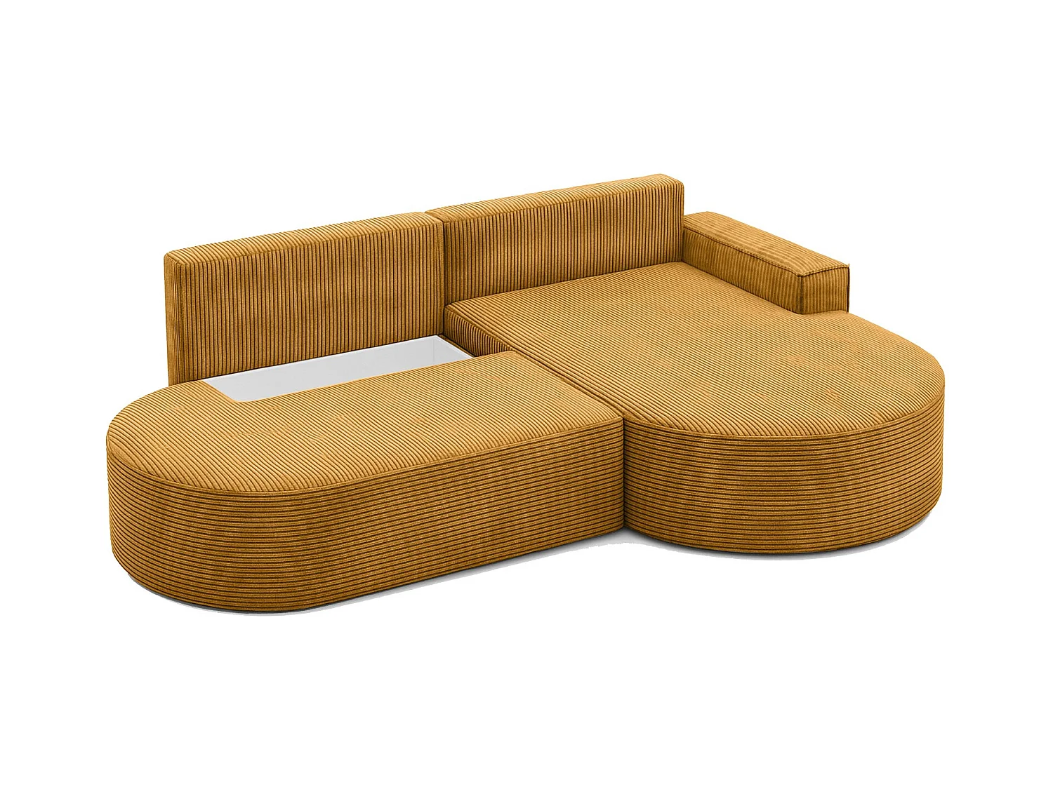 Canapé d'angle avec fonction couchage et coffre de lit Modena Round tissu Poso couleur moutarde Droite
