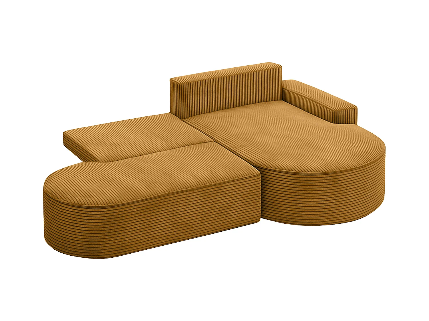 Canapé d'angle avec fonction couchage et coffre de lit Modena Round tissu Poso couleur moutarde Droite