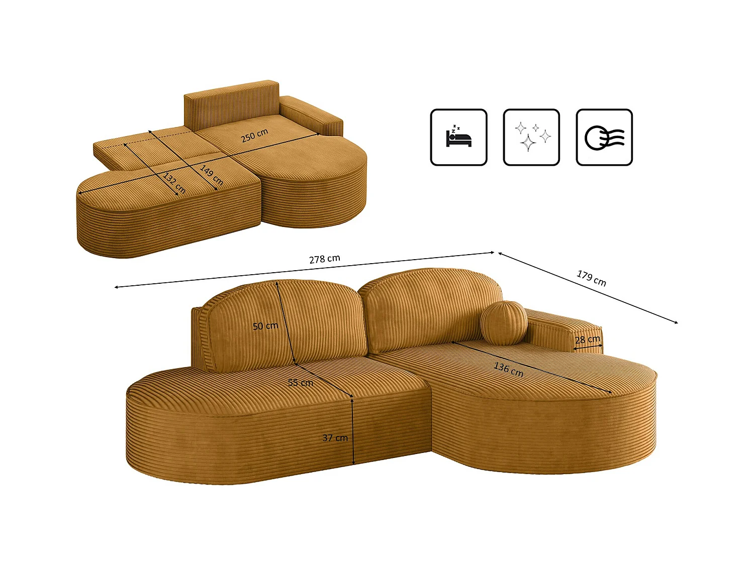 Canapé d'angle avec fonction couchage et coffre de lit Modena Round tissu Poso couleur moutarde Droite