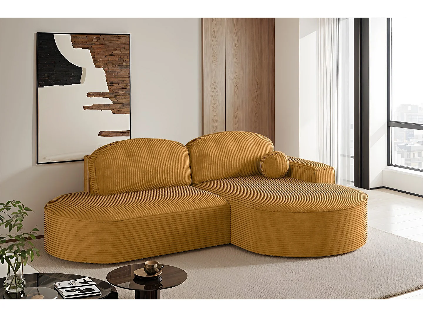 Canapé d'angle avec fonction couchage et coffre de lit Modena Round tissu Poso couleur moutarde Droite