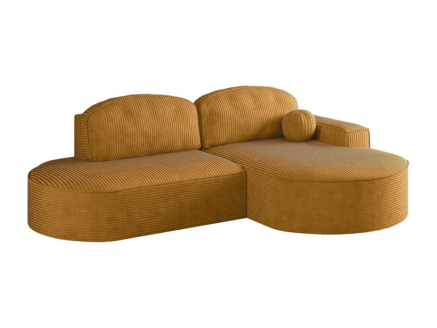 Canapé d'angle avec fonction couchage et coffre de lit Modena Round tissu Poso couleur moutarde Droite