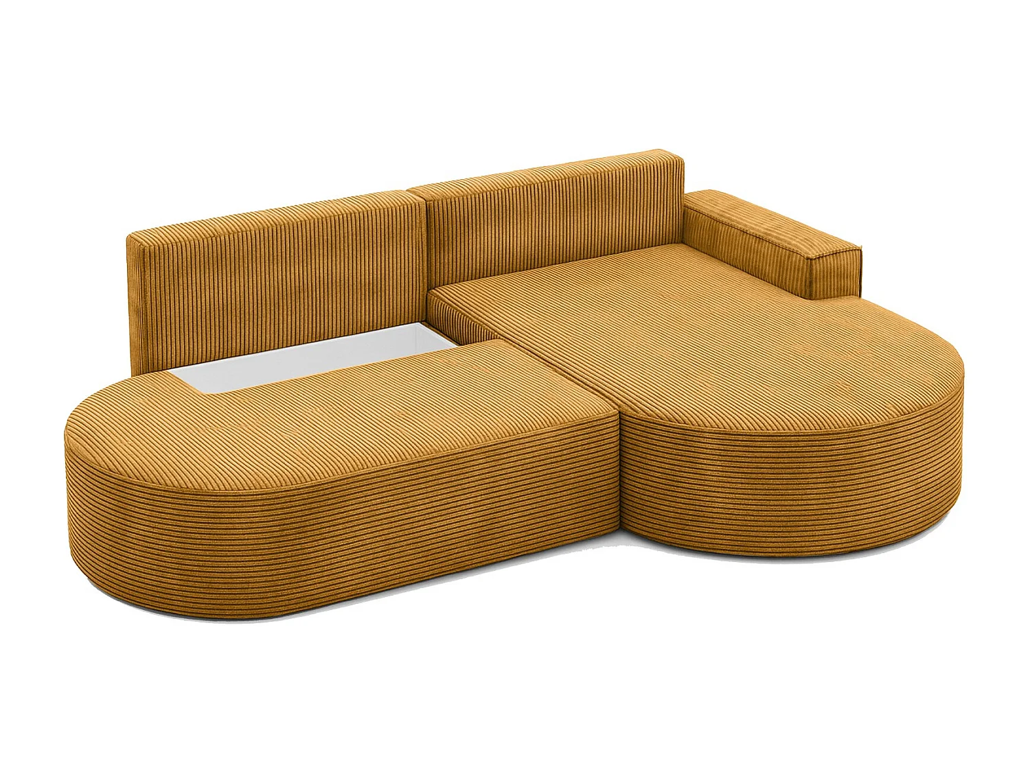 Canapé d'angle avec fonction couchage et coffre de lit Modena Round tissu Poso couleur moutarde Droite