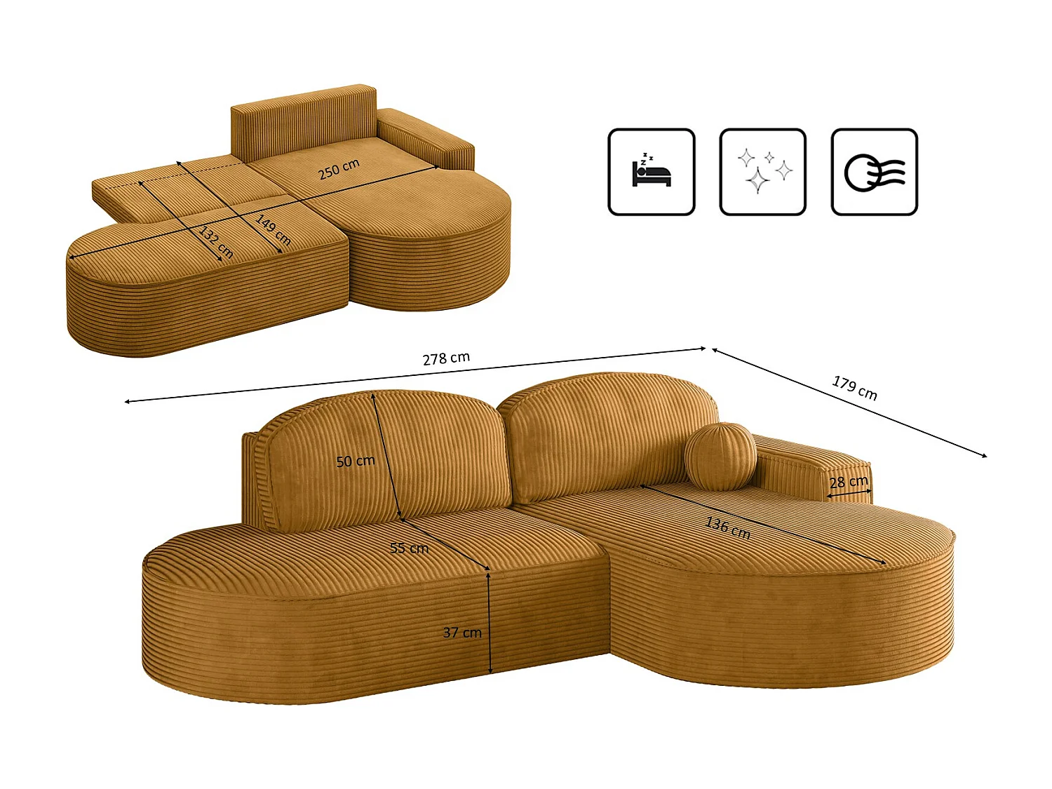 Canapé d'angle avec fonction couchage et coffre de lit Modena Round tissu Poso couleur moutarde Droite