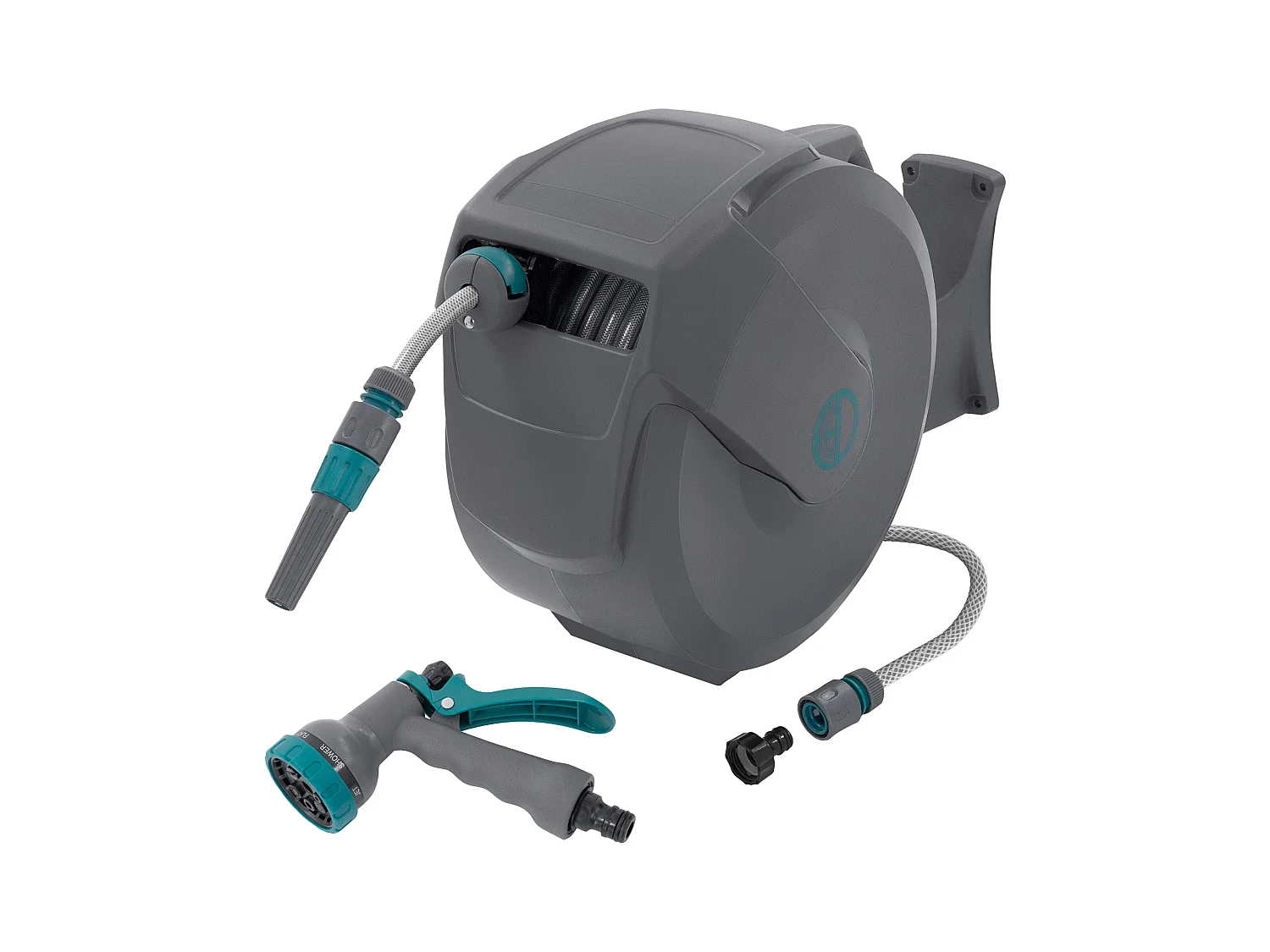 Enrouleur de tuyau d'arrosage mural 20m + 2m pivotant à 180° rétraction automatique fonction d'arrêt 9 fonctions de pulvérisation en PVC/plastique