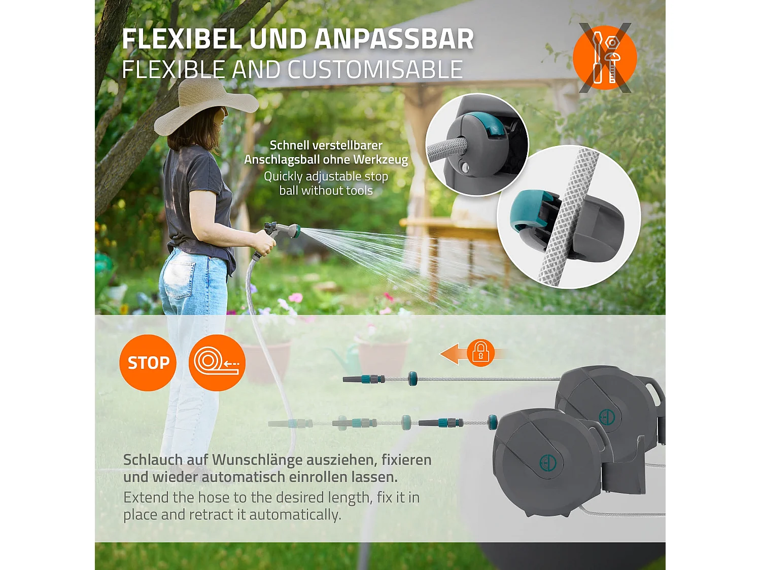 Enrouleur de tuyau d'arrosage mural 20m + 2m pivotant à 180° rétraction automatique fonction d'arrêt 9 fonctions de pulvérisation en PVC/plastique