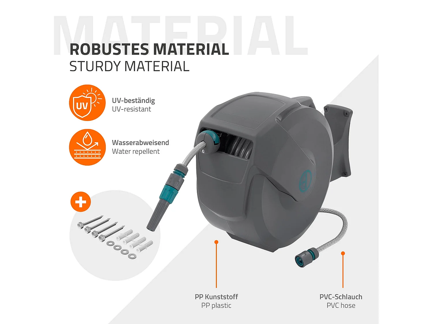 Enrouleur de tuyau d'arrosage mural 20m + 2m pivotant à 180° rétraction automatique fonction d'arrêt 9 fonctions de pulvérisation en PVC/plastique