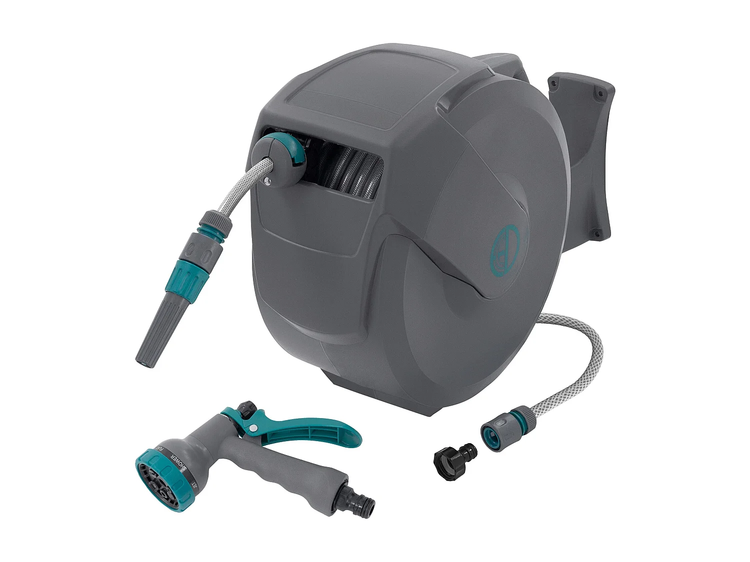 ECD Germany Avvolgitubo da 20 m+2 m grigio portagomma a parete RollUp con arresto di sicurezza e 9 funzioni orientabile 180° avvolgitore da giardino