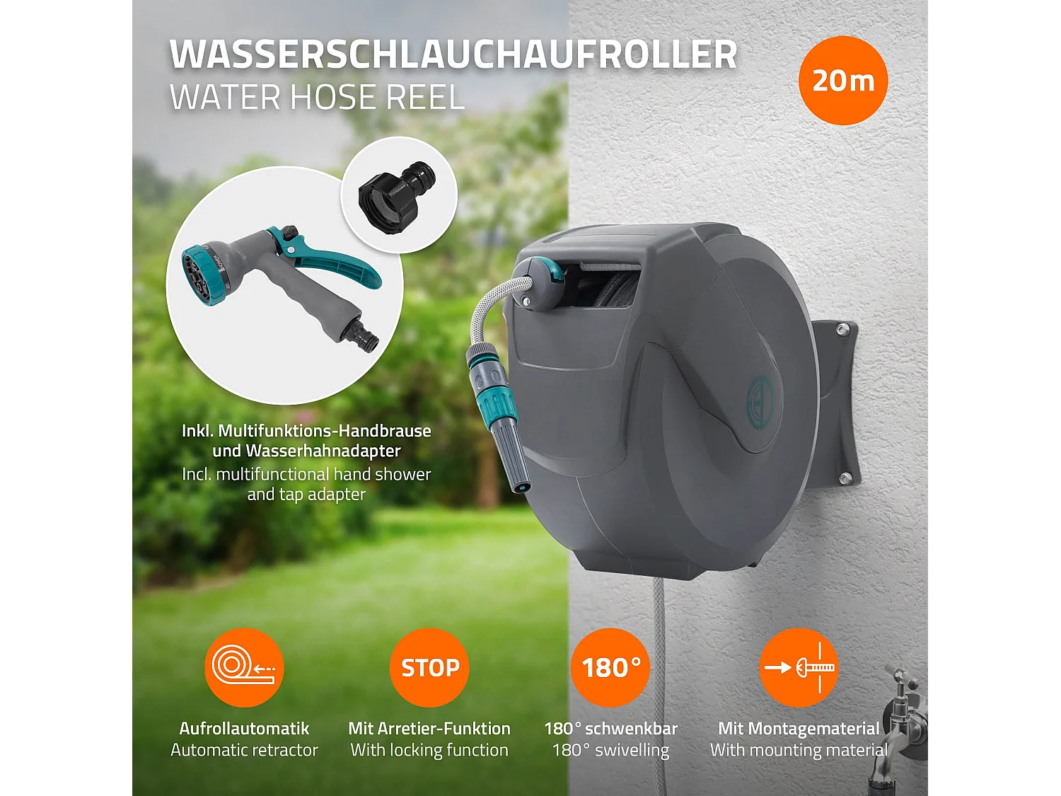 ECD Germany Avvolgitubo da 20 m+2 m grigio portagomma a parete RollUp con arresto di sicurezza e 9 funzioni orientabile 180° avvolgitore da giardino
