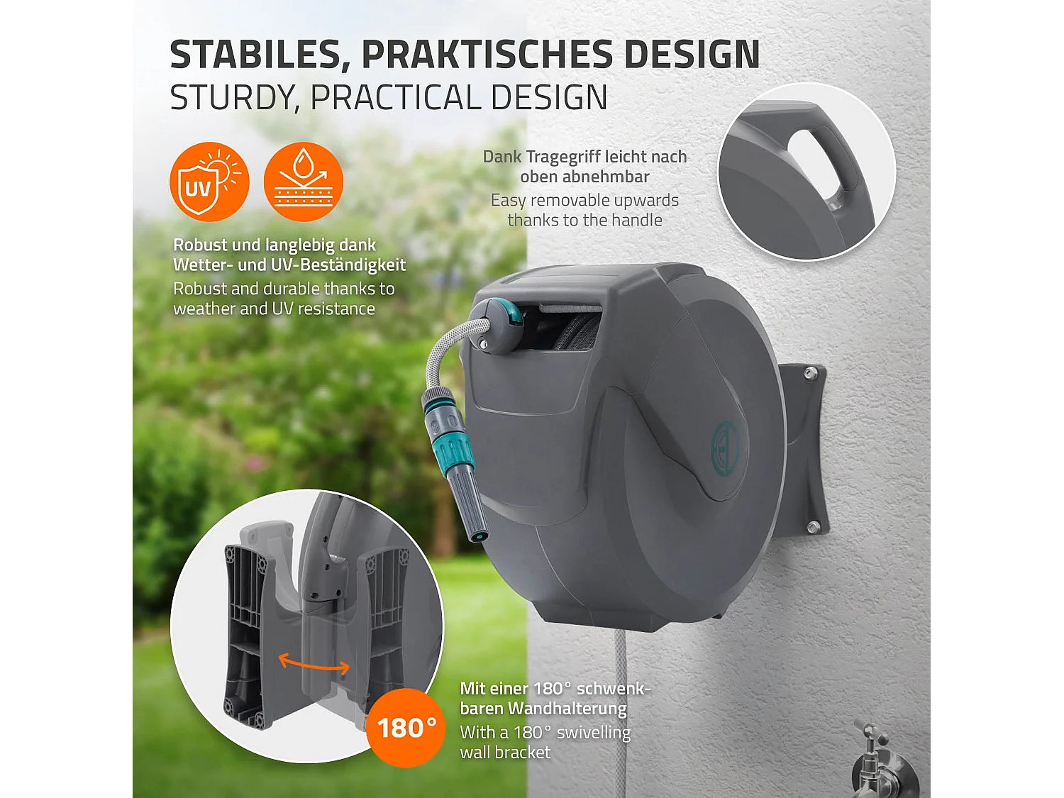 ECD Germany Avvolgitubo da 20 m+2 m grigio portagomma a parete RollUp con arresto di sicurezza e 9 funzioni orientabile 180° avvolgitore da giardino