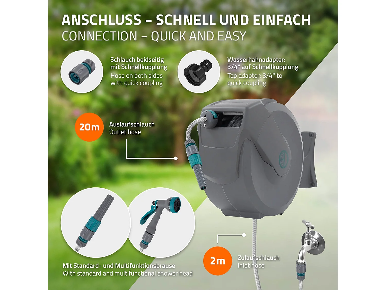 ECD Germany Avvolgitubo da 20 m+2 m grigio portagomma a parete RollUp con arresto di sicurezza e 9 funzioni orientabile 180° avvolgitore da giardino