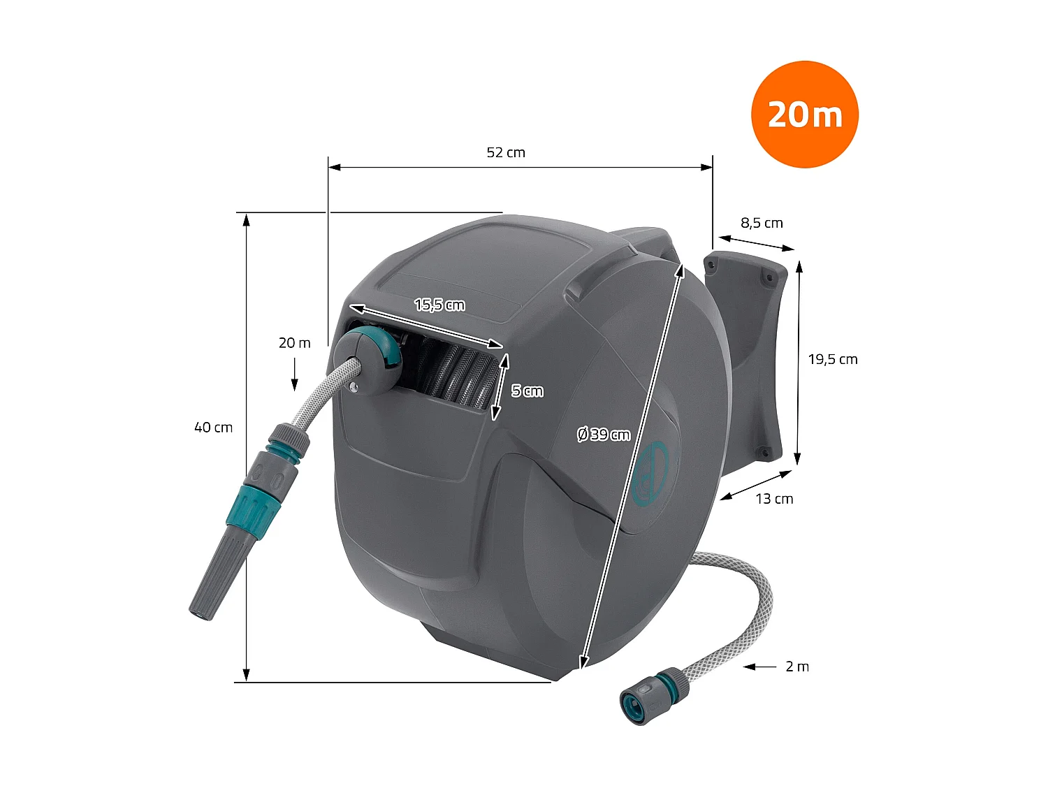 ECD Germany Avvolgitubo da 20 m+2 m grigio portagomma a parete RollUp con arresto di sicurezza e 9 funzioni orientabile 180° avvolgitore da giardino