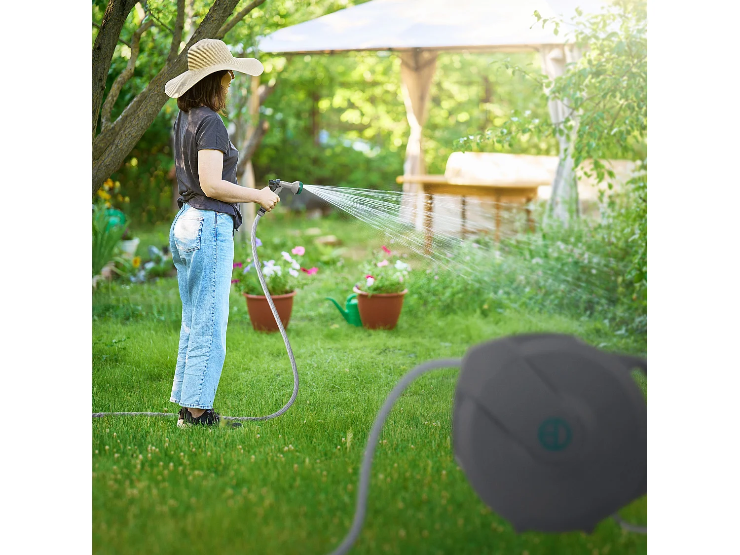 ECD Germany Avvolgitubo da 20 m+2 m grigio portagomma a parete RollUp con arresto di sicurezza e 9 funzioni orientabile 180° avvolgitore da giardino