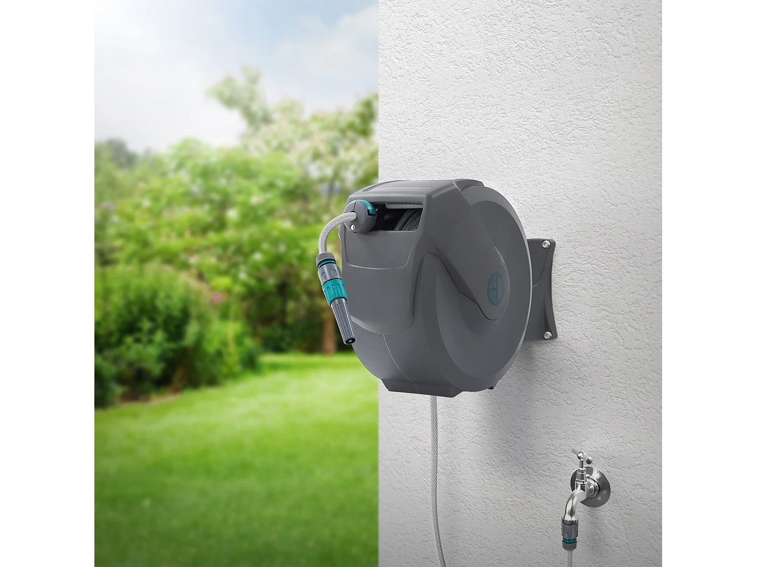 ECD Germany Avvolgitubo da 20 m+2 m grigio portagomma a parete RollUp con arresto di sicurezza e 9 funzioni orientabile 180° avvolgitore da giardino