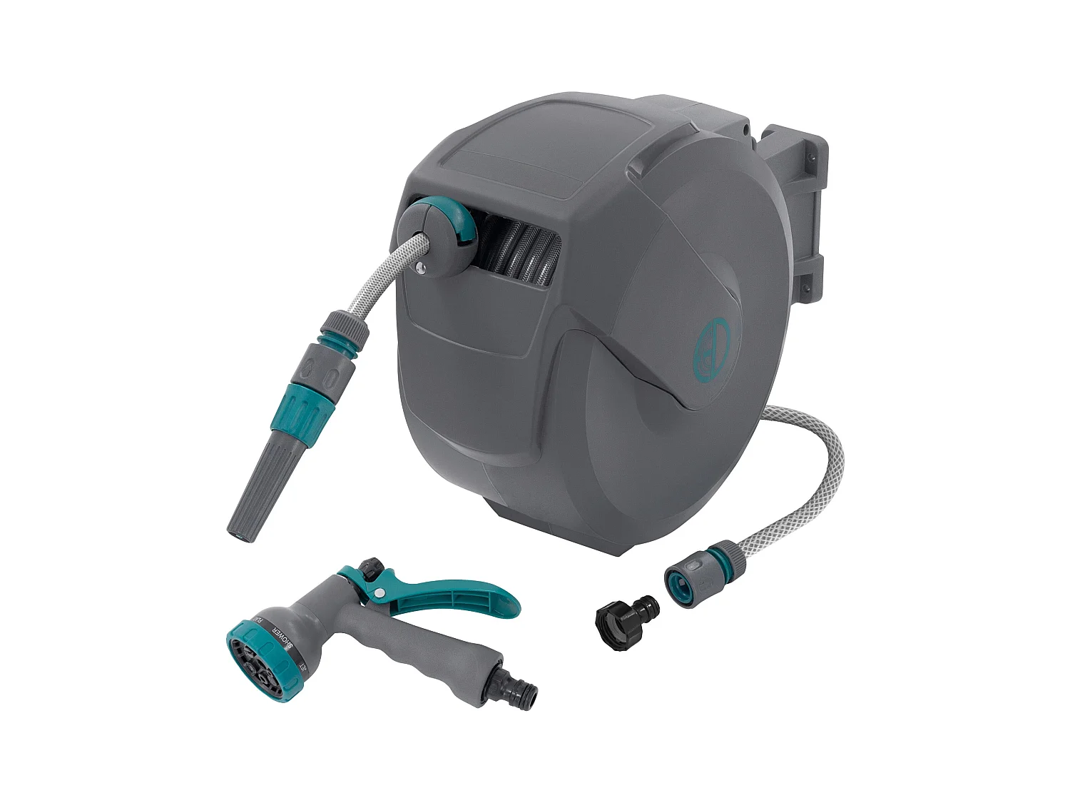 Enrouleur de tuyau d'arrosage mural 15m + 1,5m pivotant à 180° rétraction automatique fonction d'arrêt 9 fonctions de pulvérisation en PVC/plastique