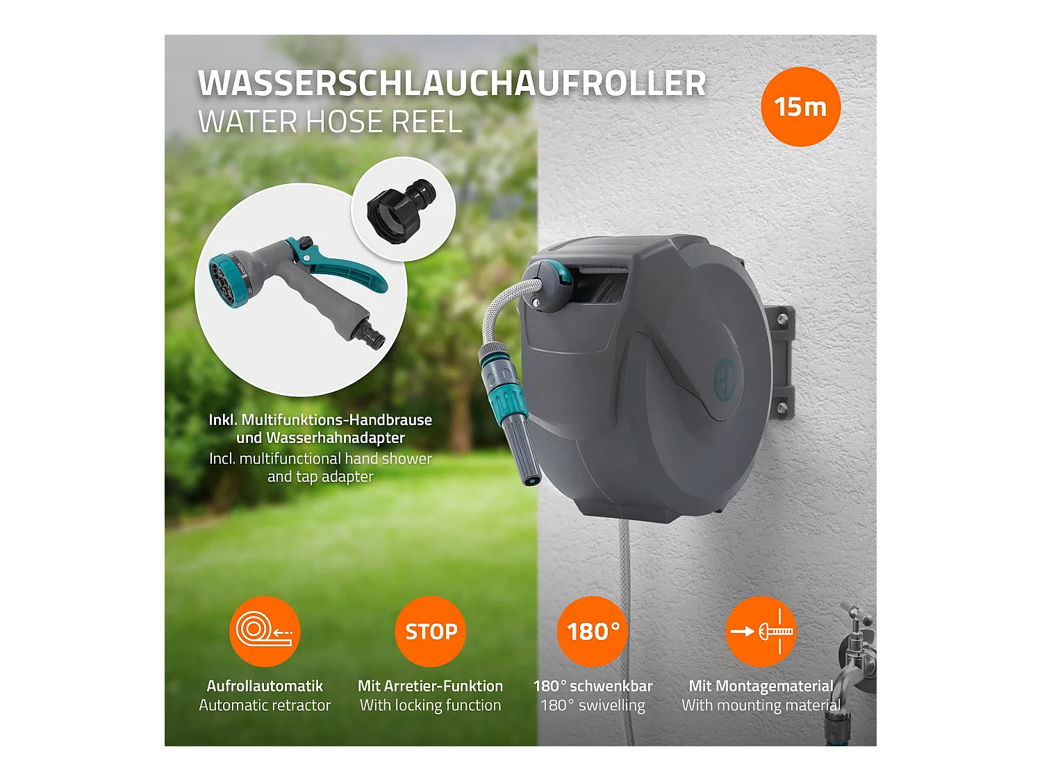 Enrouleur de tuyau d'arrosage mural 15m + 1,5m pivotant à 180° rétraction automatique fonction d'arrêt 9 fonctions de pulvérisation en PVC/plastique