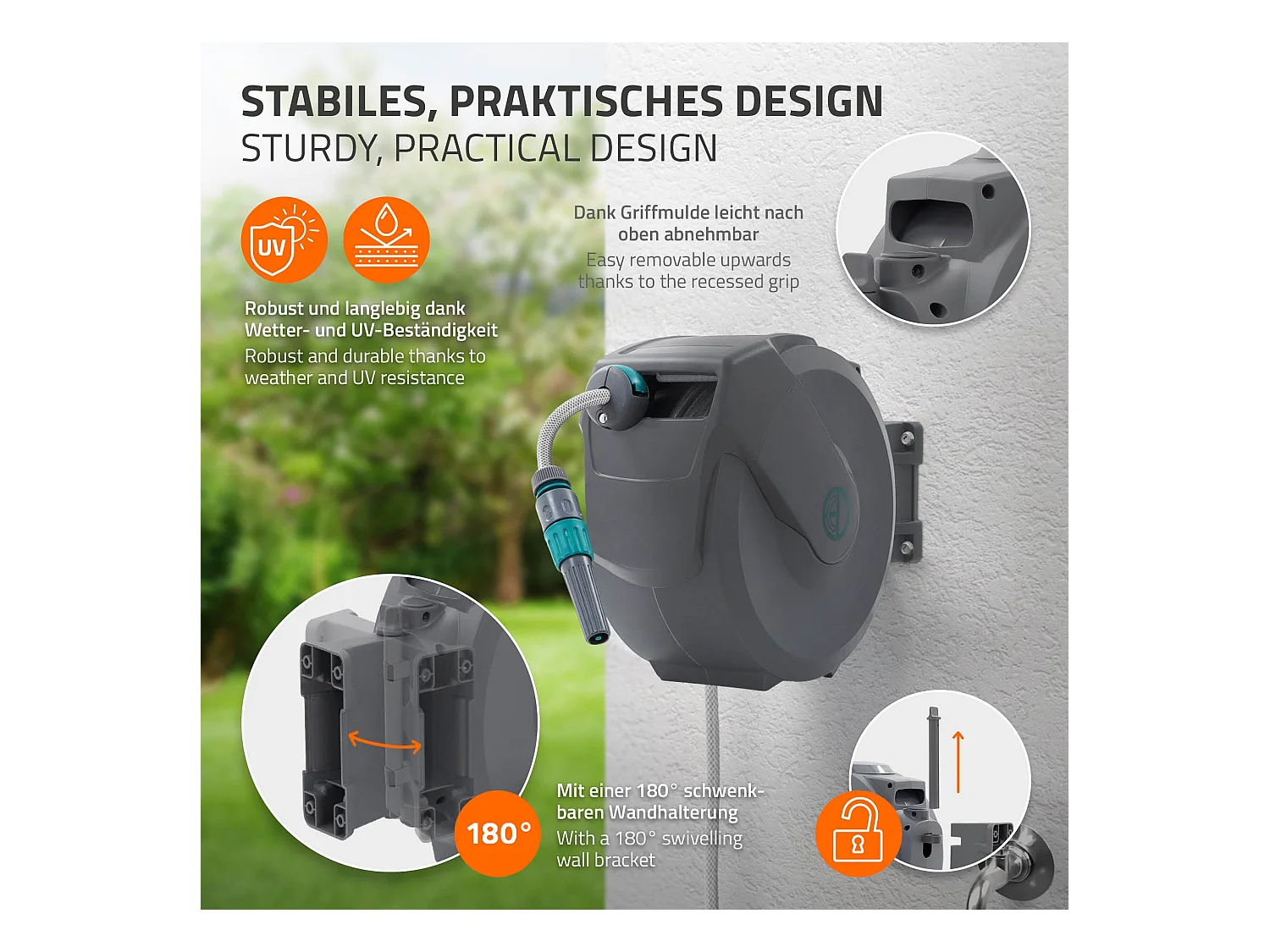 Enrouleur de tuyau d'arrosage mural 15m + 1,5m pivotant à 180° rétraction automatique fonction d'arrêt 9 fonctions de pulvérisation en PVC/plastique