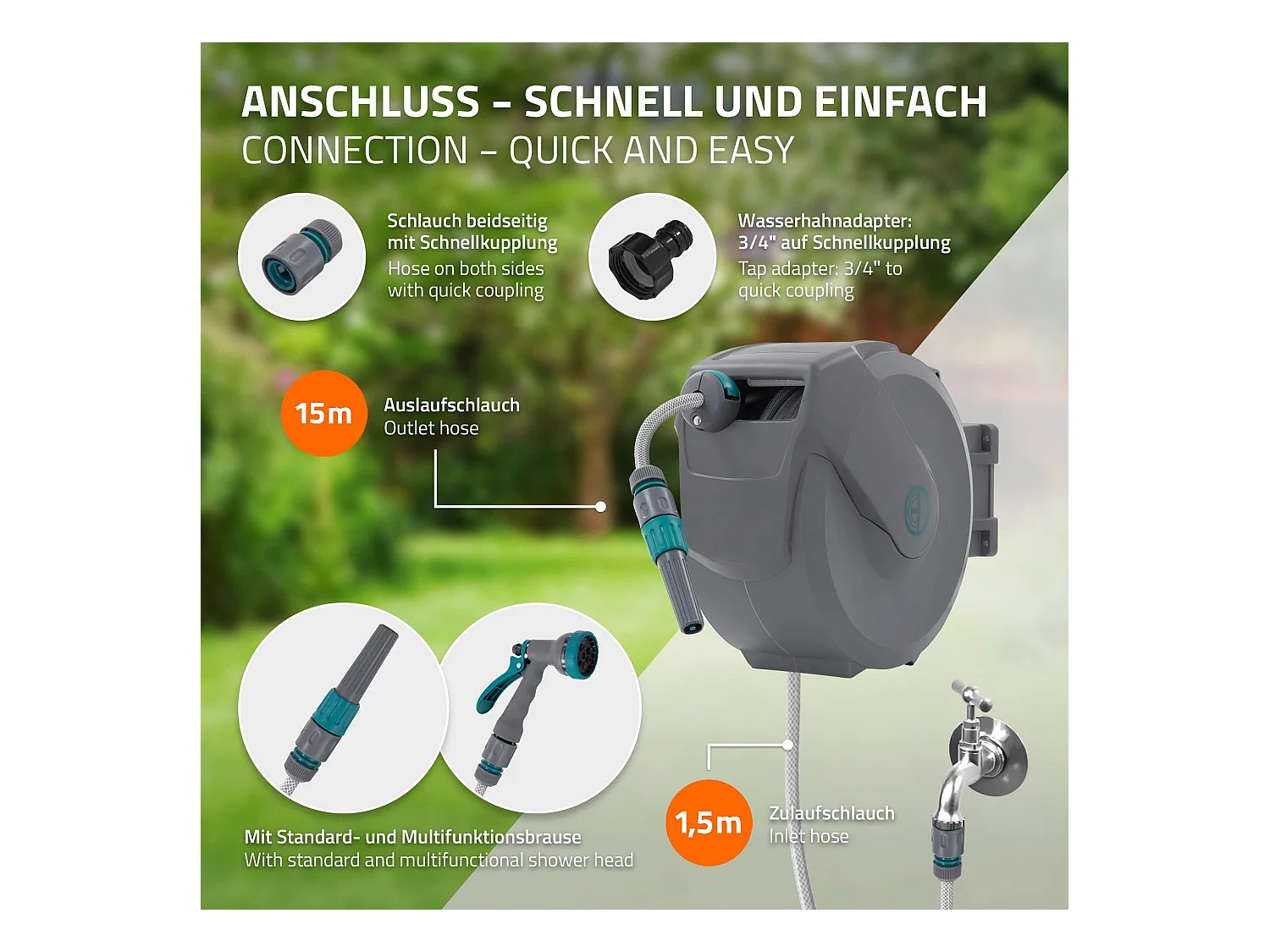 Enrouleur de tuyau d'arrosage mural 15m + 1,5m pivotant à 180° rétraction automatique fonction d'arrêt 9 fonctions de pulvérisation en PVC/plastique