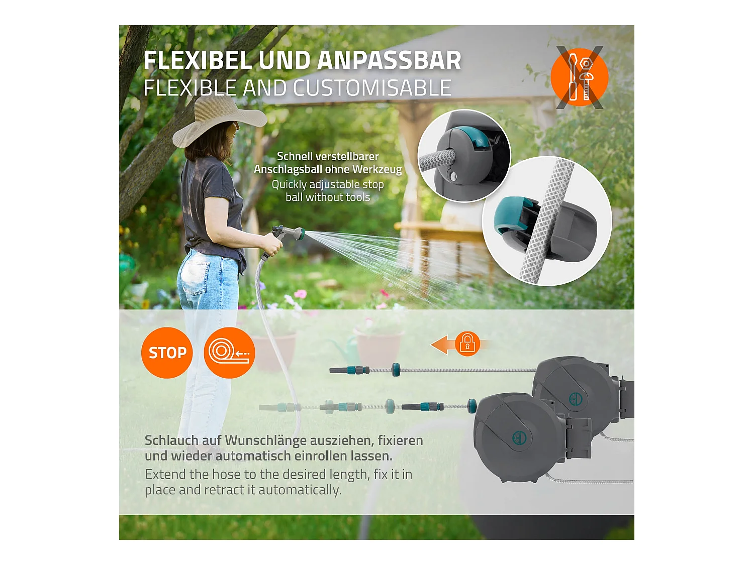 Enrouleur de tuyau d'arrosage mural 15m + 1,5m pivotant à 180° rétraction automatique fonction d'arrêt 9 fonctions de pulvérisation en PVC/plastique