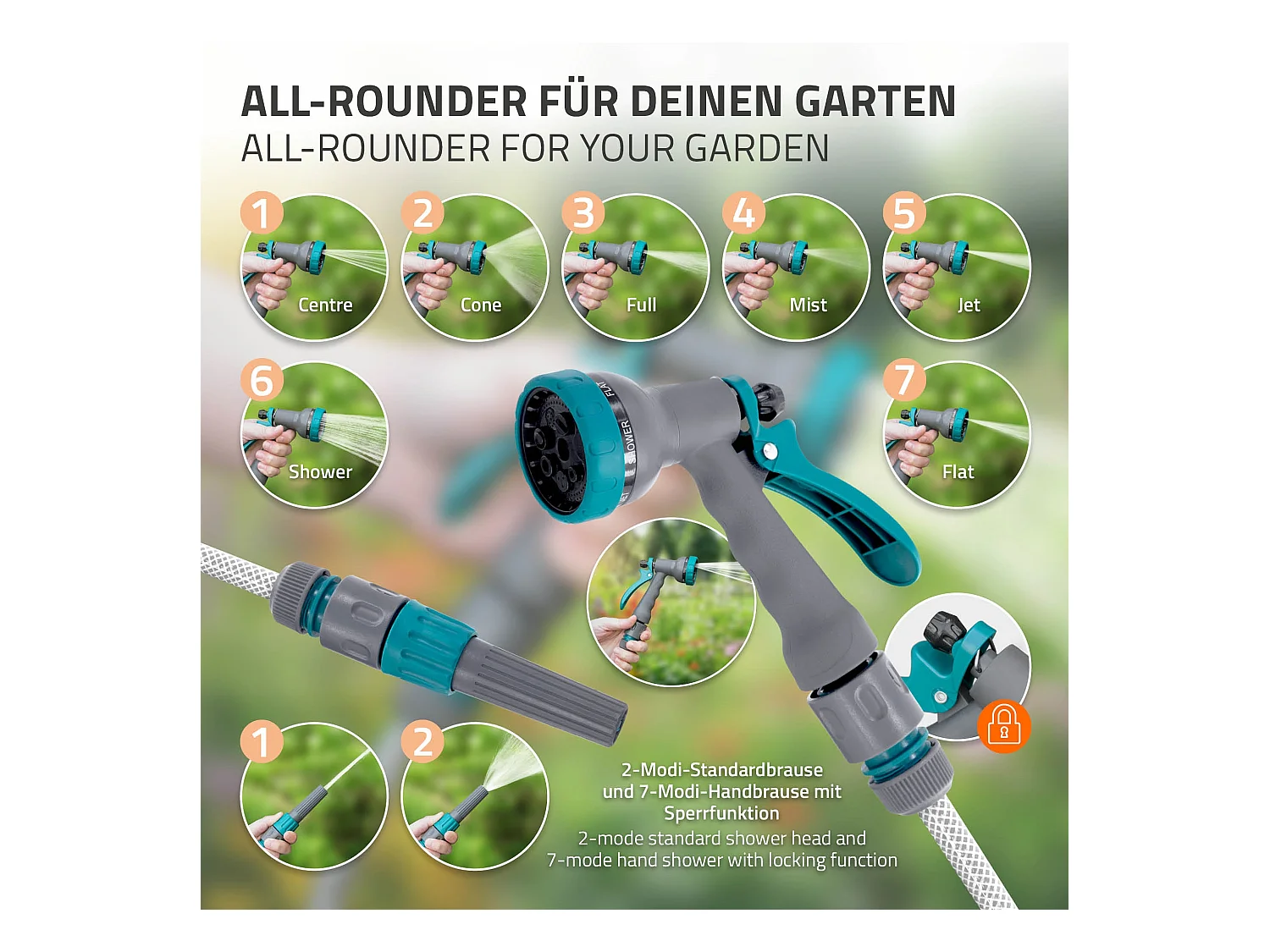 Enrouleur de tuyau d'arrosage mural 15m + 1,5m pivotant à 180° rétraction automatique fonction d'arrêt 9 fonctions de pulvérisation en PVC/plastique