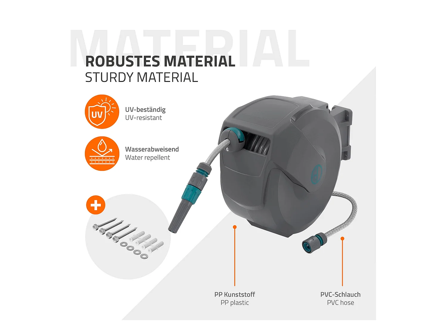 Enrouleur de tuyau d'arrosage mural 15m + 1,5m pivotant à 180° rétraction automatique fonction d'arrêt 9 fonctions de pulvérisation en PVC/plastique