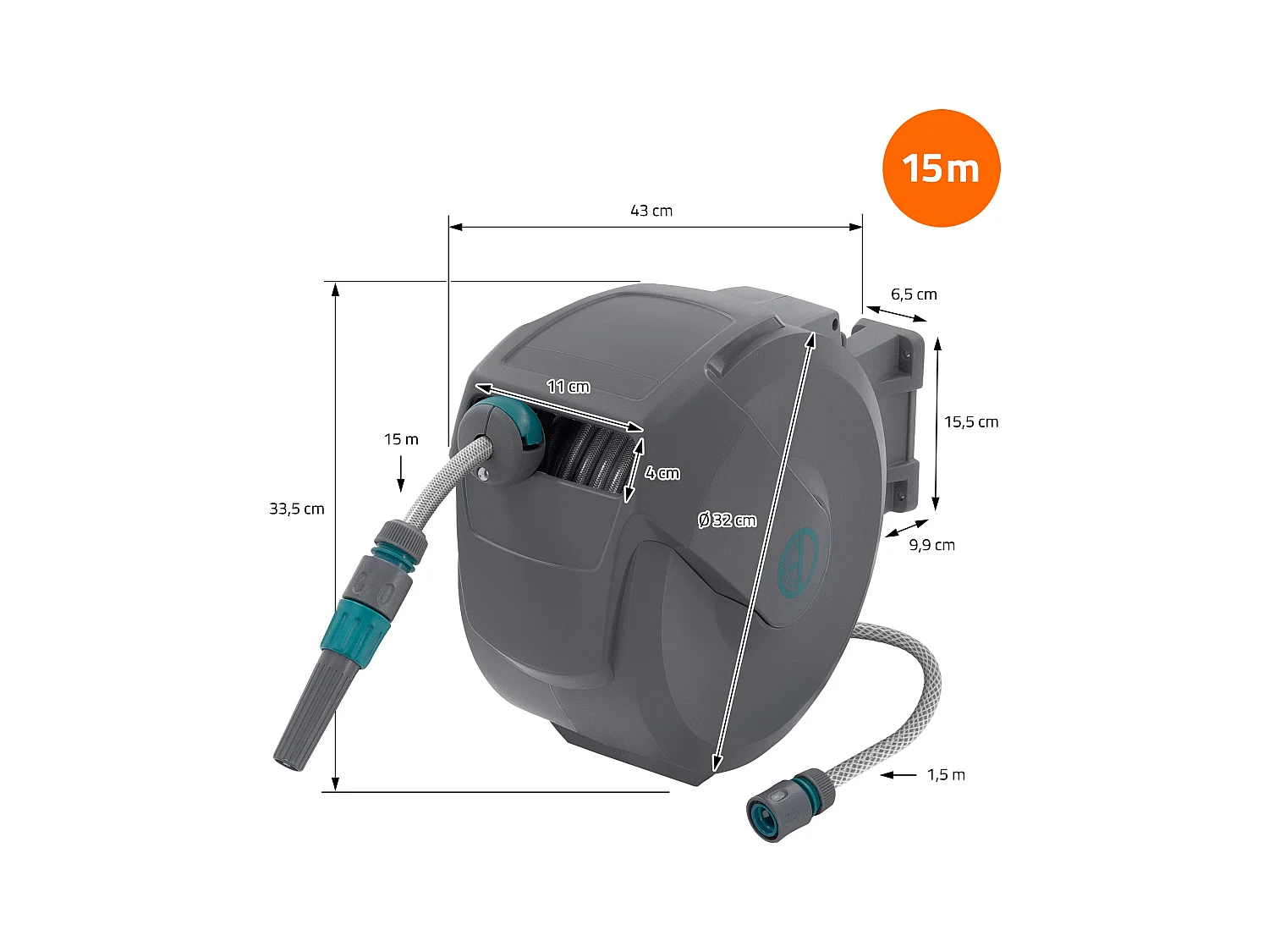 Enrouleur de tuyau d'arrosage mural 15m + 1,5m pivotant à 180° rétraction automatique fonction d'arrêt 9 fonctions de pulvérisation en PVC/plastique