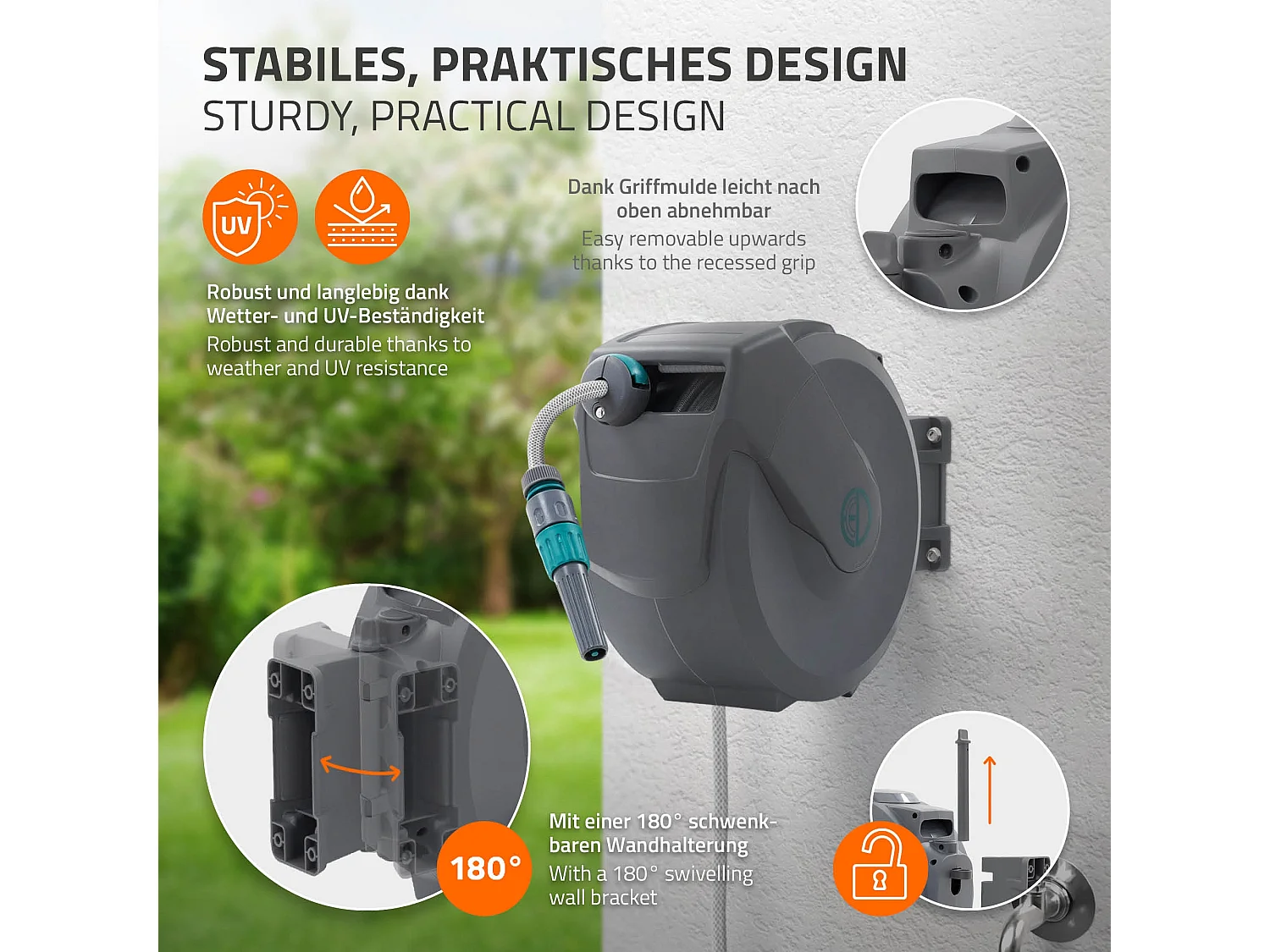 ECD Germany Avvolgitubo da 15 m+1,5 m grigio portagomma a parete RollUp con arresto di sicurezza e 9 funzioni orientabile 180° avvolgitore da giardino