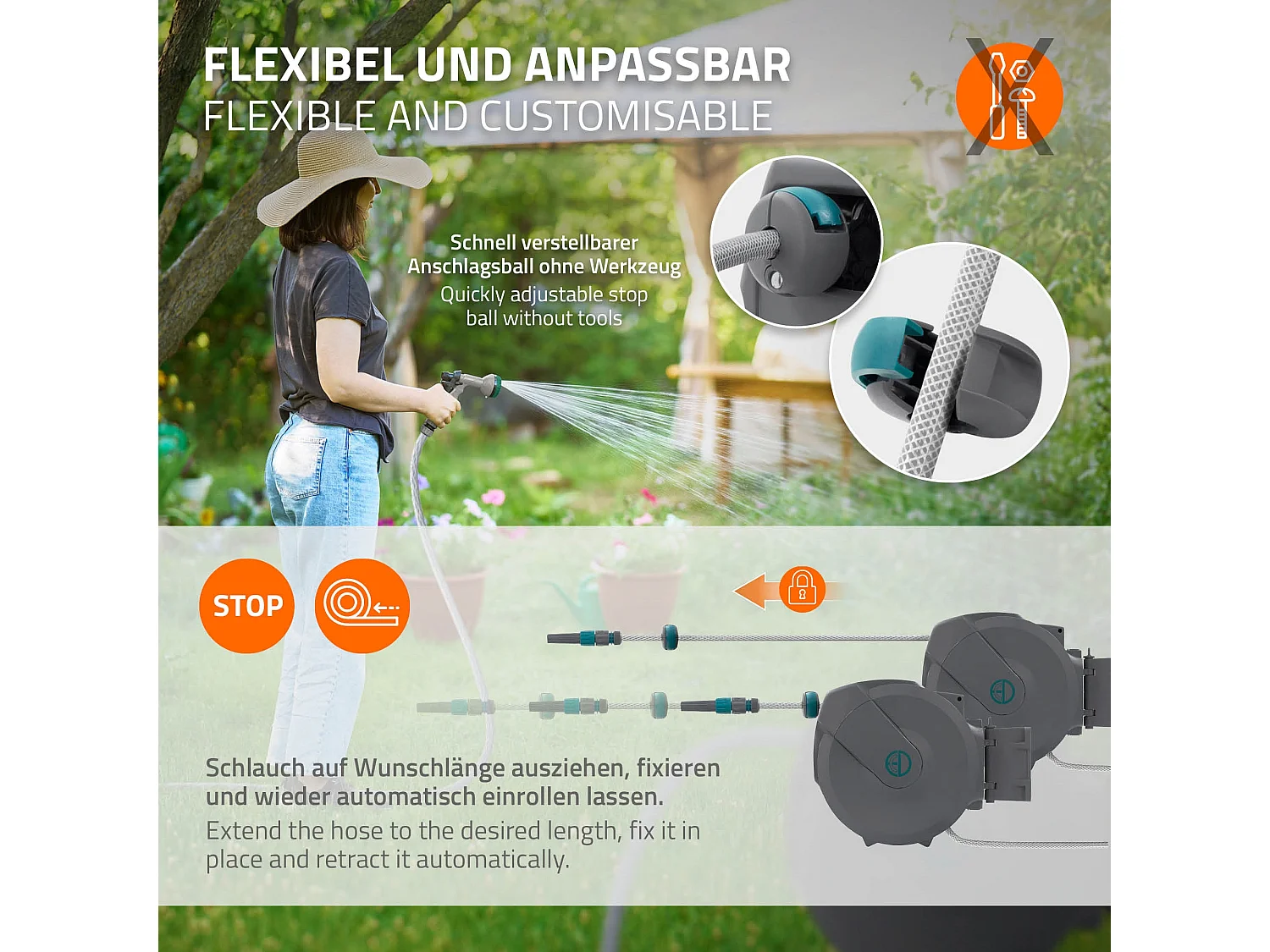 ECD Germany Avvolgitubo da 15 m+1,5 m grigio portagomma a parete RollUp con arresto di sicurezza e 9 funzioni orientabile 180° avvolgitore da giardino